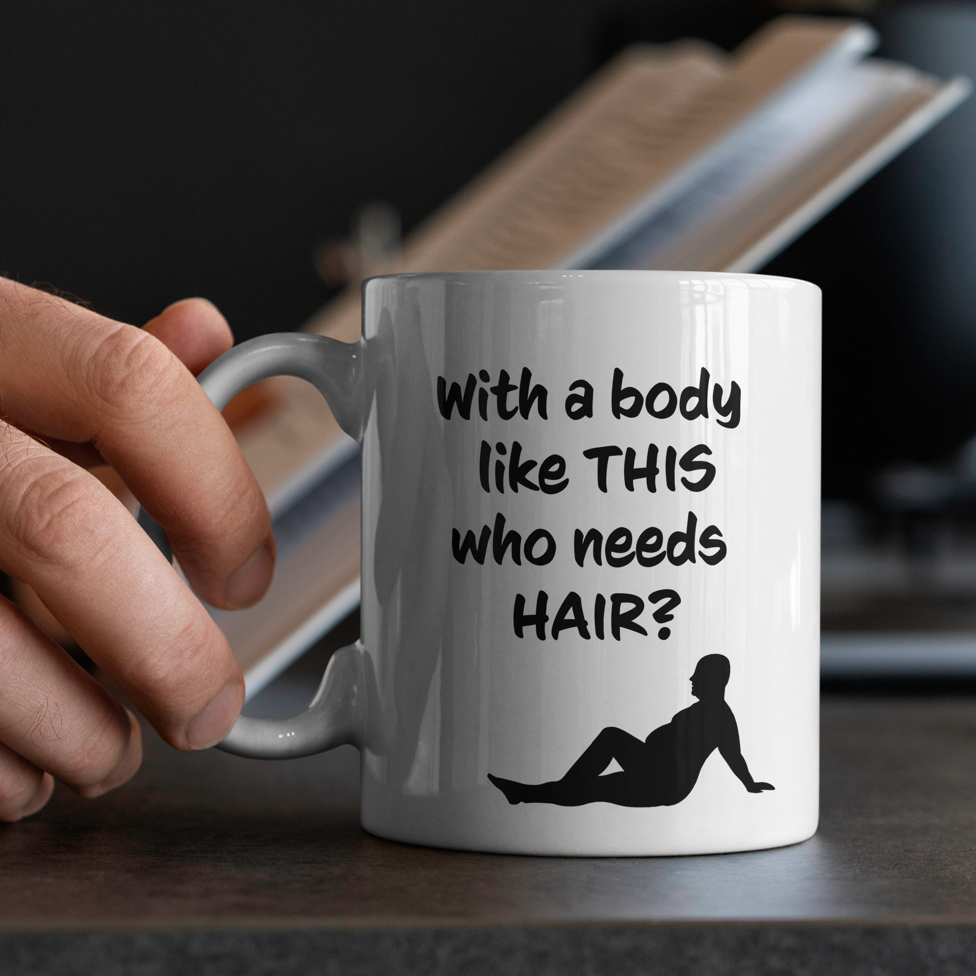 White ceramic dad mug in hands with funny saying who needs hair design perfect gag gift for dads