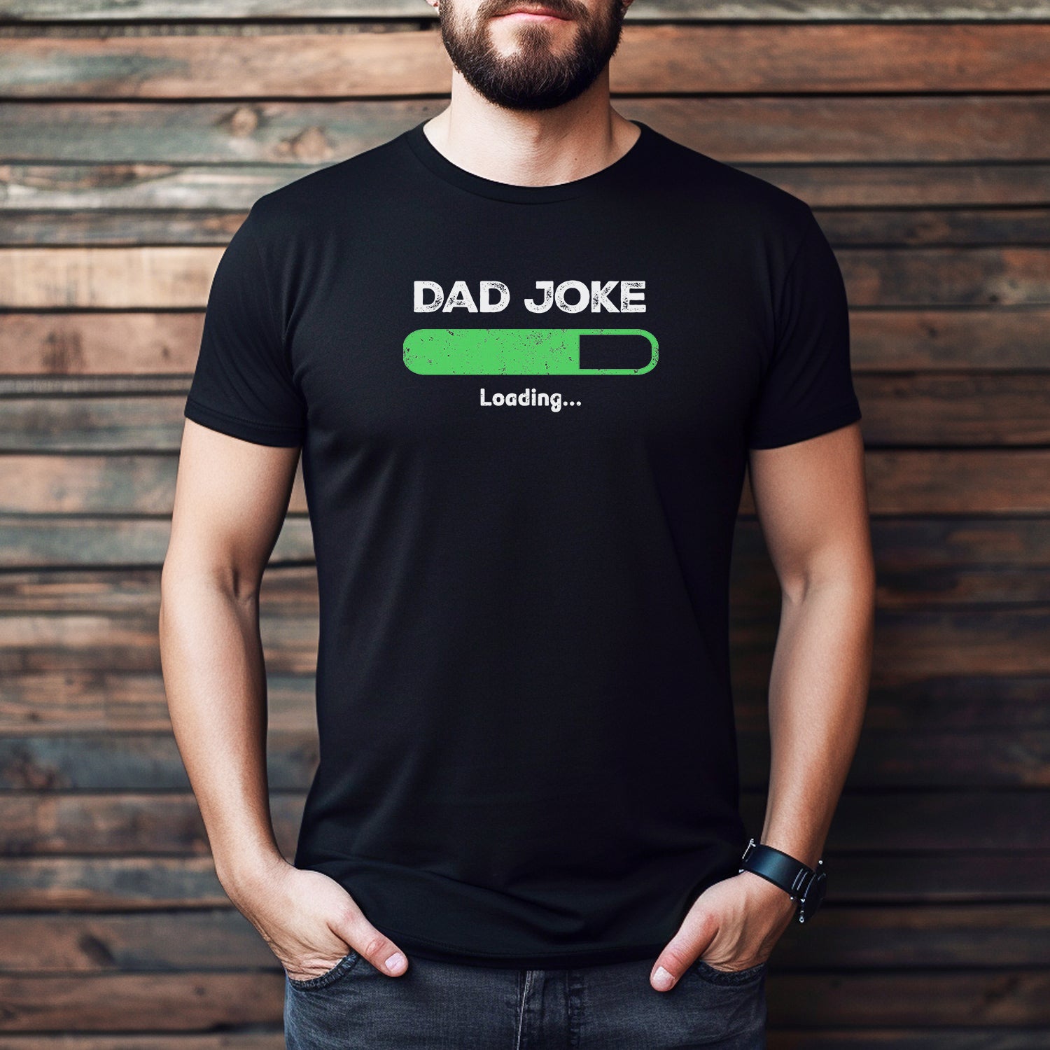 Man wearing black t-shirt with Dad Joke Loading text and green progress bar graphic