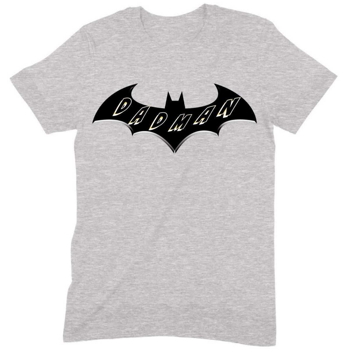 Grey Dadman superhero t-shirt with black bat logo design and bold yellow letters spelling Dadman, flat lay view.