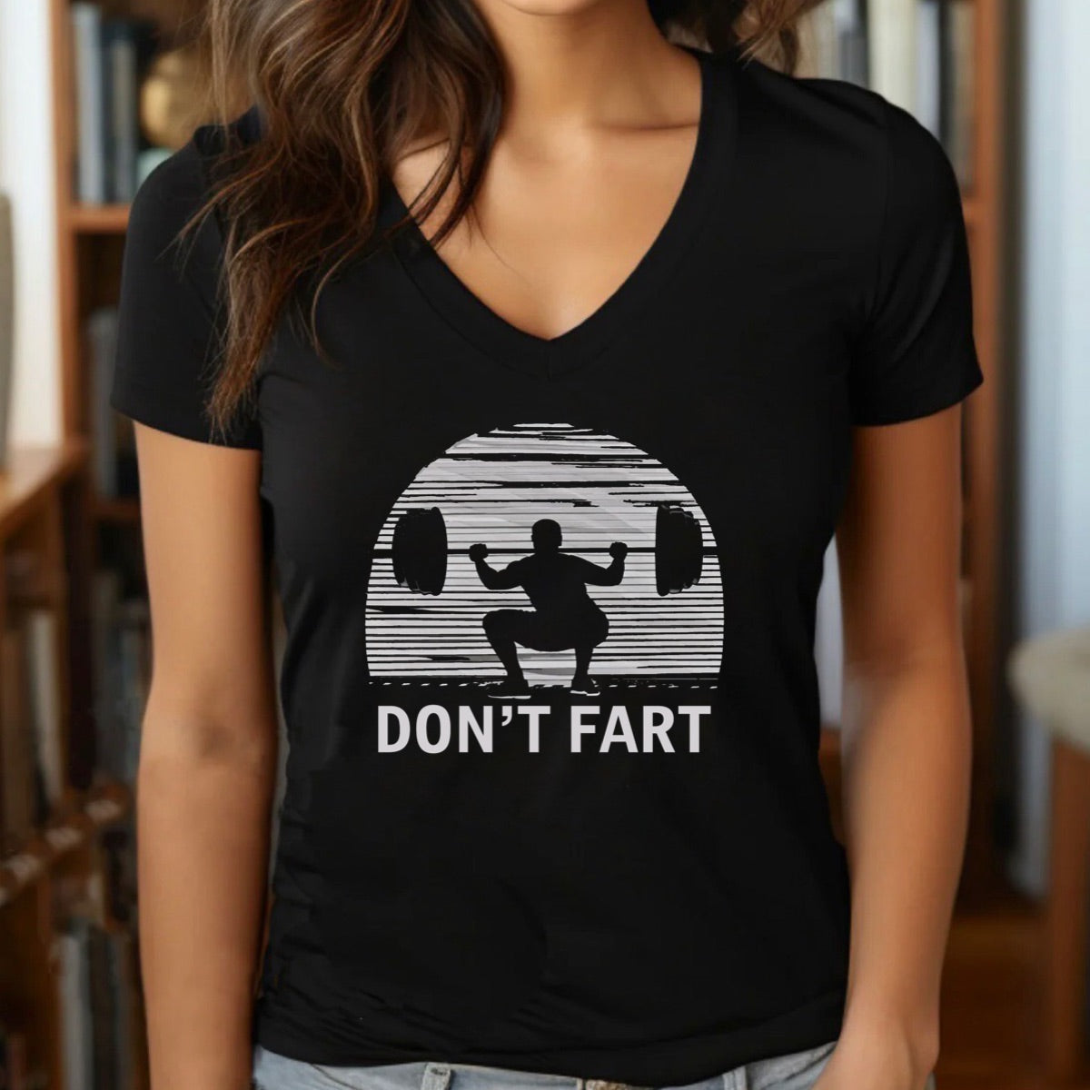 Women's black v-neck workout t-shirt with weightlifting squat silhouette and funny don't fart text