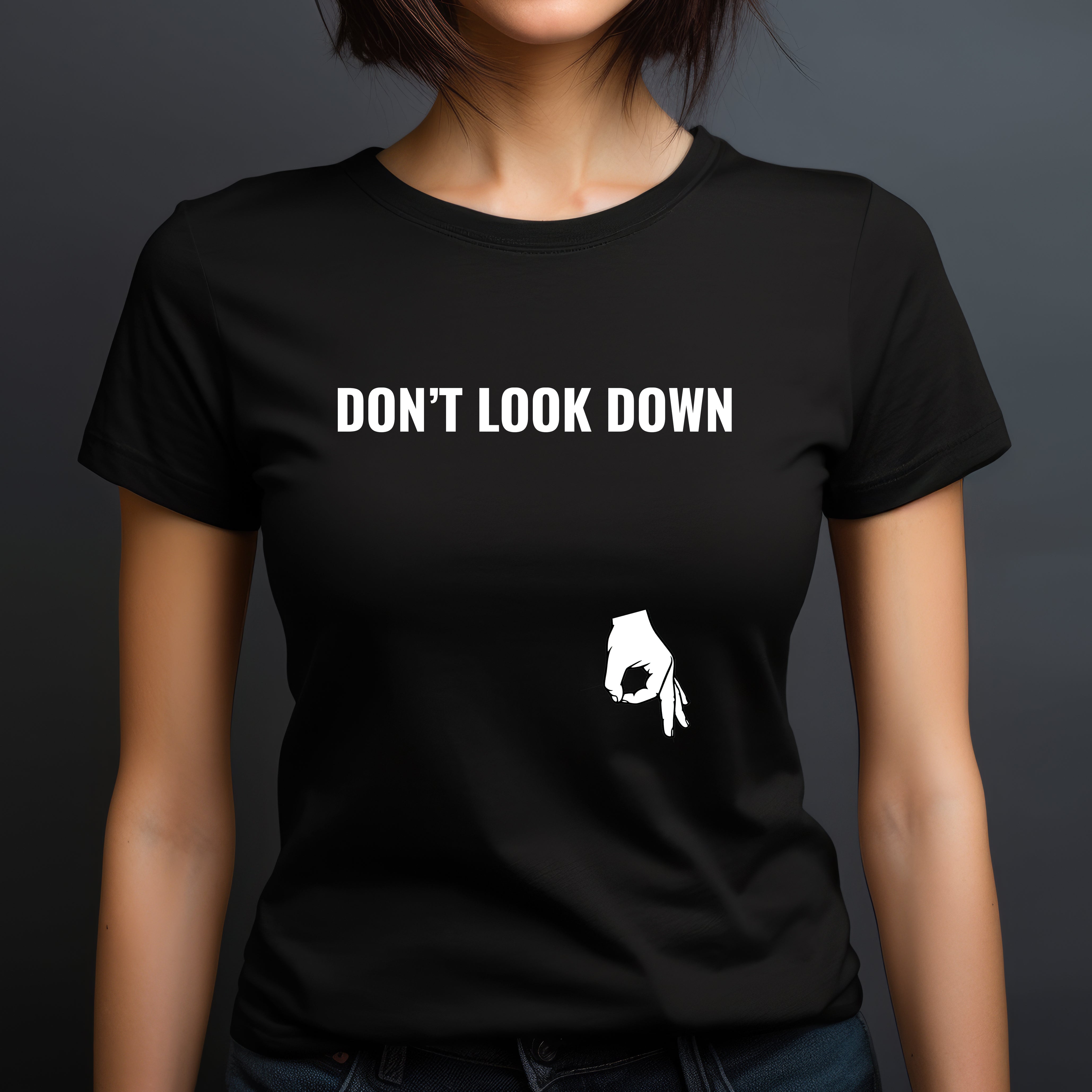 woman wearing black crew neck dont look down tee with hand circle game art centered near lower torso
