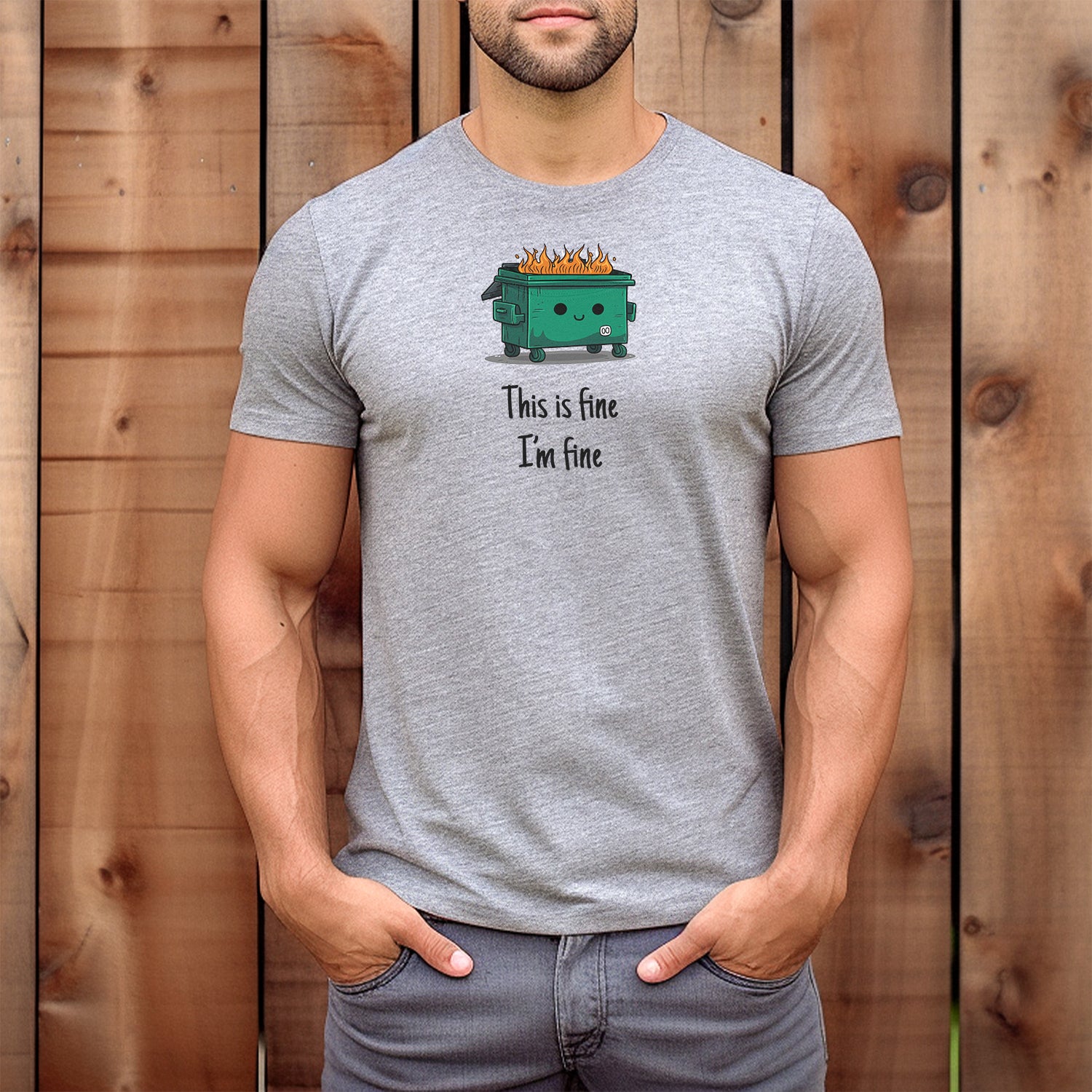 Men's gray crewneck t-shirt featuring funny cartoon dumpster fire with text this is fine I'm fine