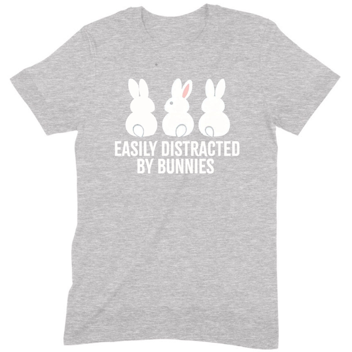 Gray t-shirt with three white bunny graphics and text easily distracted by bunnies displayed flat