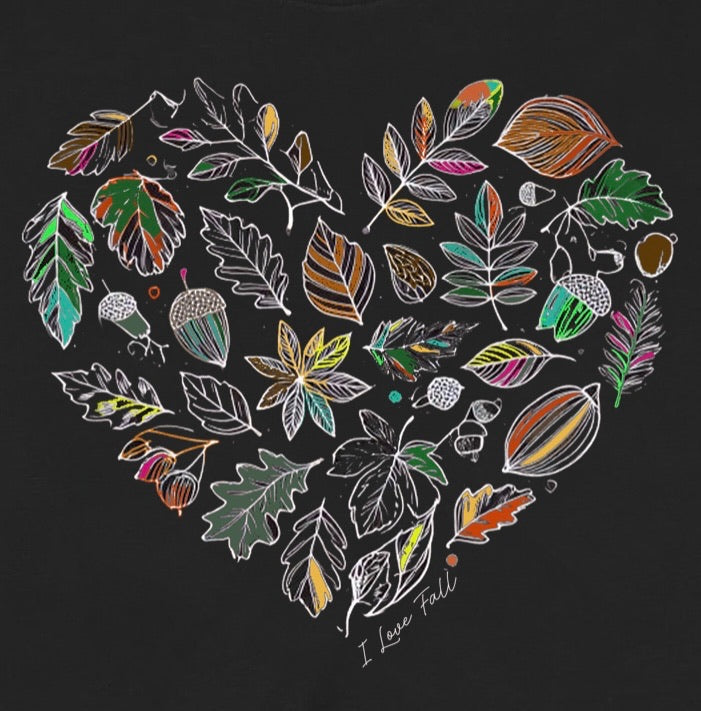 Closeup of heart-shaped fall leaves graphic with acorns and text I Love Fall