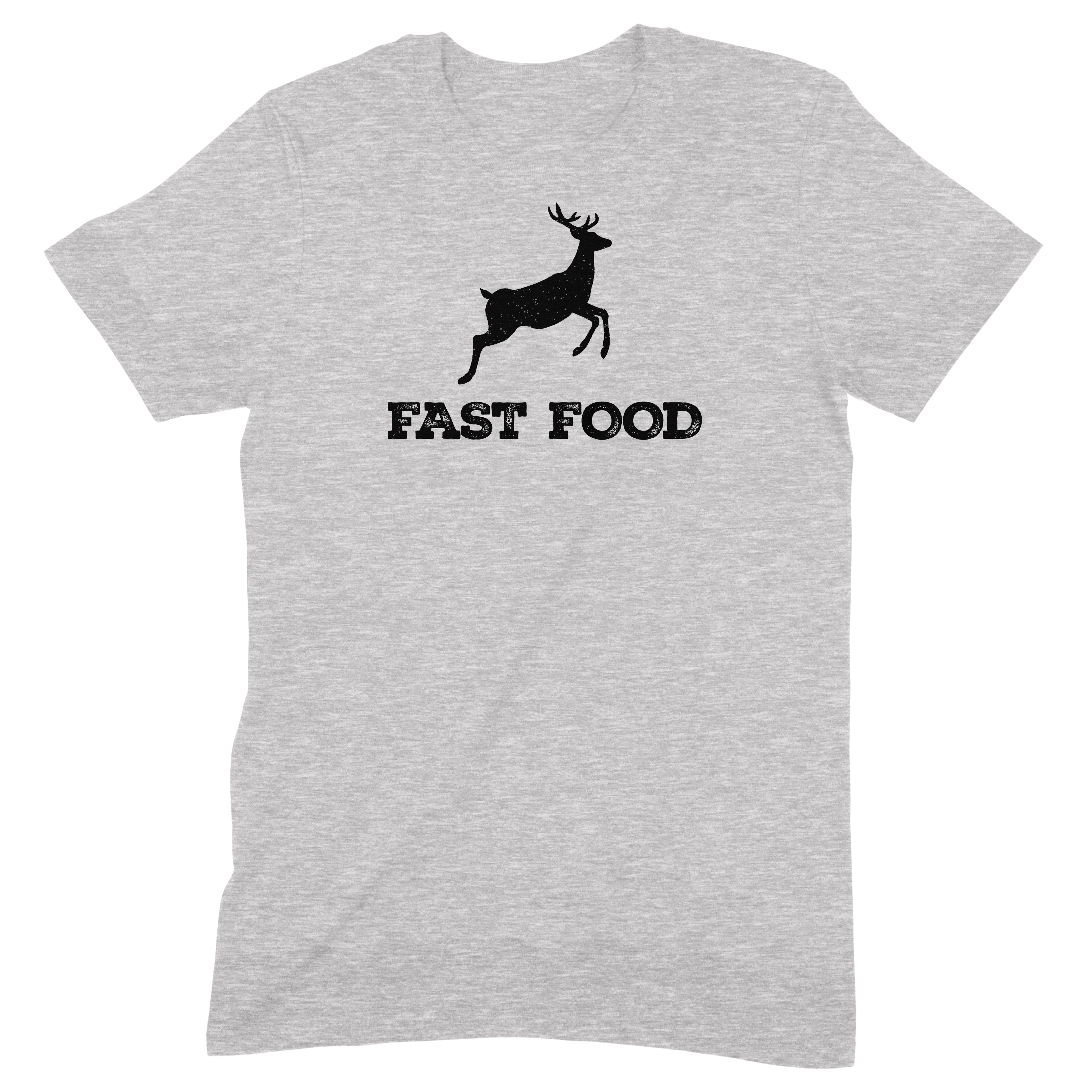 Flat grey t-shirt with black silhouette of running deer and bold text fast food underneath