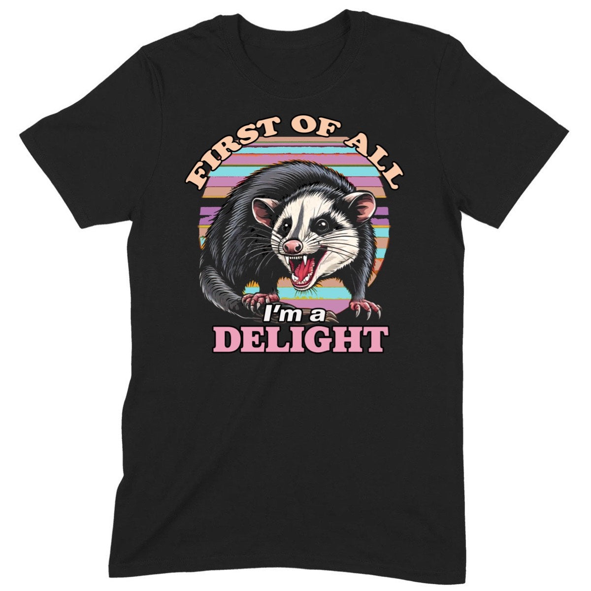 Black unisex t-shirt with opossum graphic and text First of all I’m a delight, retro sunset stripes, flat lay