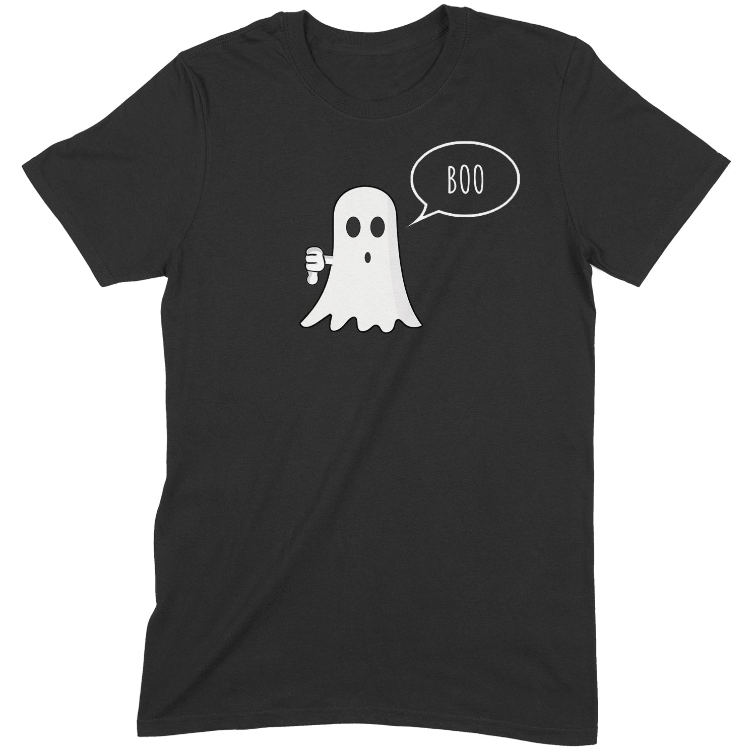 Flat lay black t-shirt with white cartoon ghost saying Boo and giving thumbs down