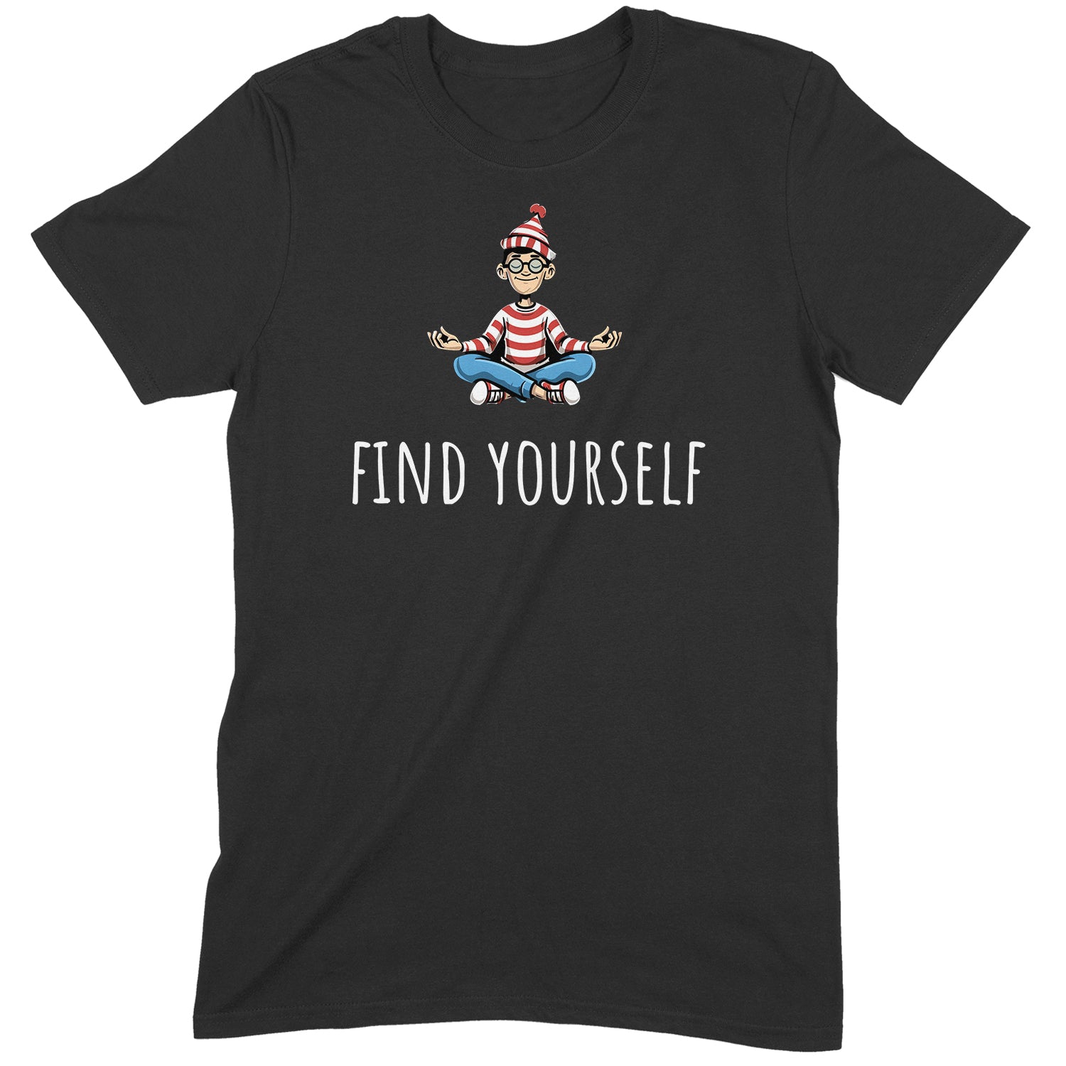 Flat lay black t-shirt with meditating Waldo character and text Find Yourself in white