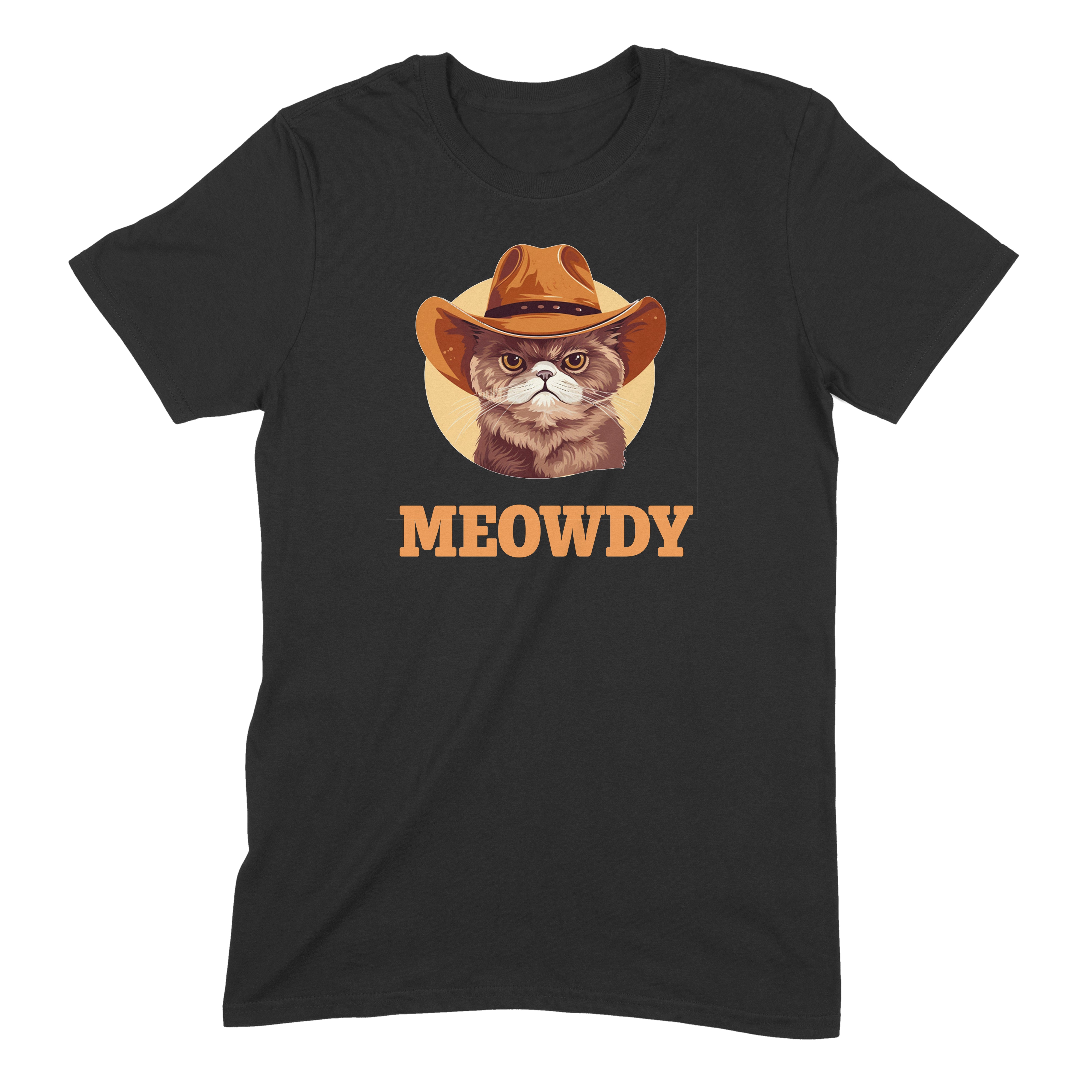 Black T-shirt with cowboy cat illustration and bold MEOWDY text, funny Western cat graphic tee for pet lovers