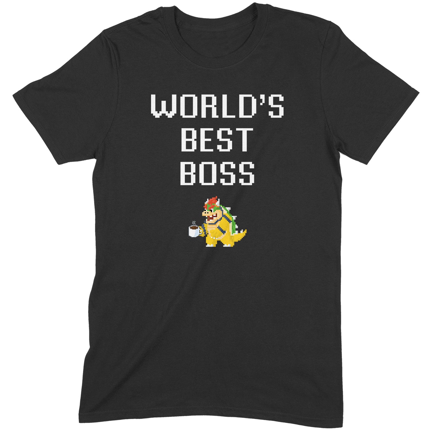 Flat lay black t-shirt with pixel Bowser holding coffee mug and text World’s Best Boss