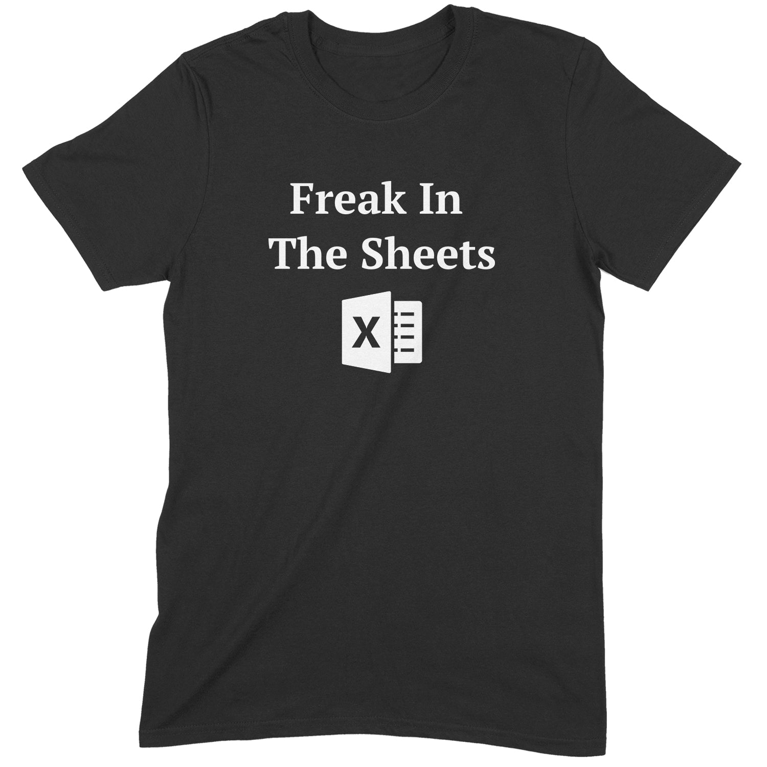 Black t-shirt with Freak in the Sheets text and Excel logo on front