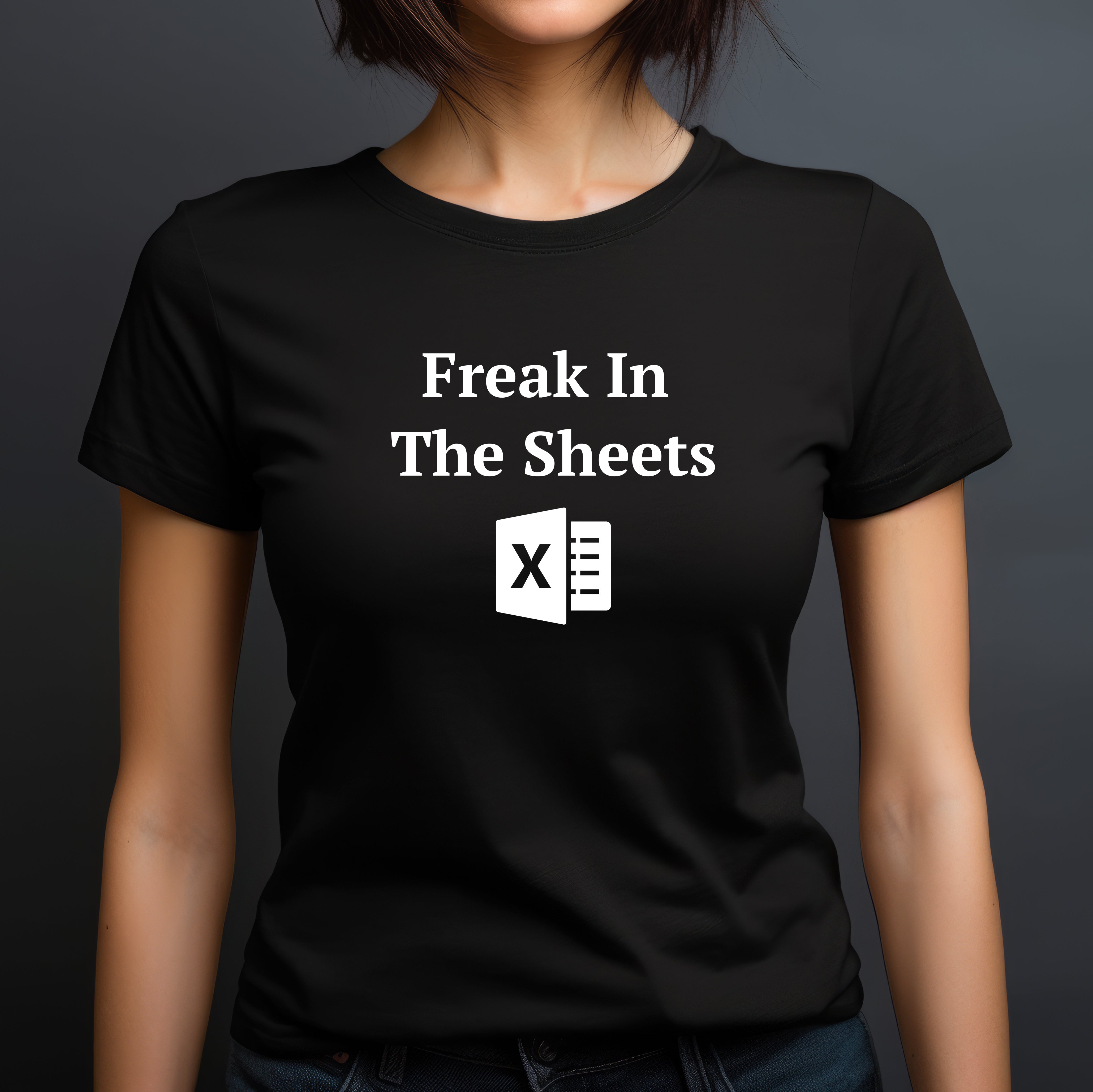 Woman wearing Freak in the Sheets Excel crew neck shirt