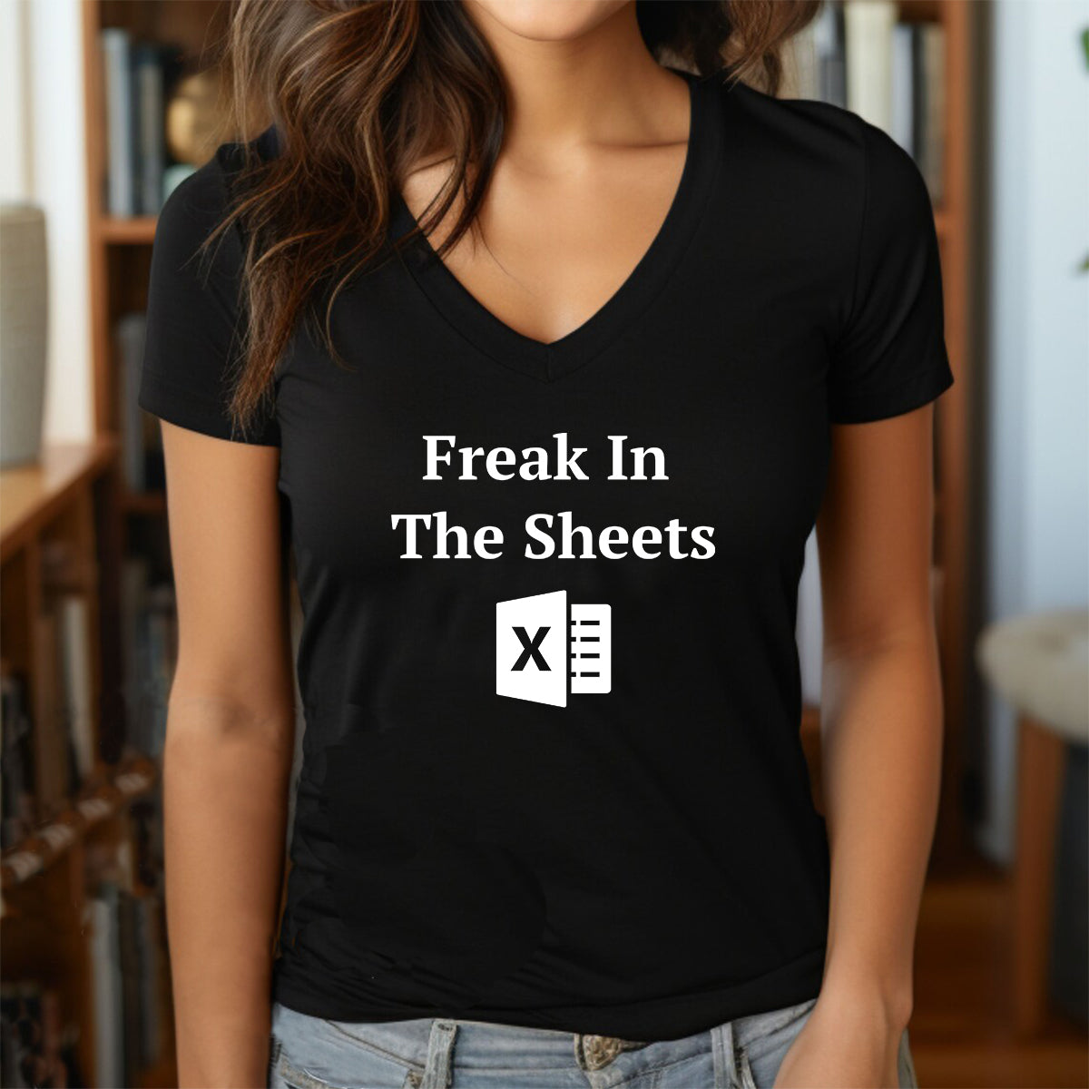 Woman wearing Freak in the Sheets Excel v-neck t-shirt