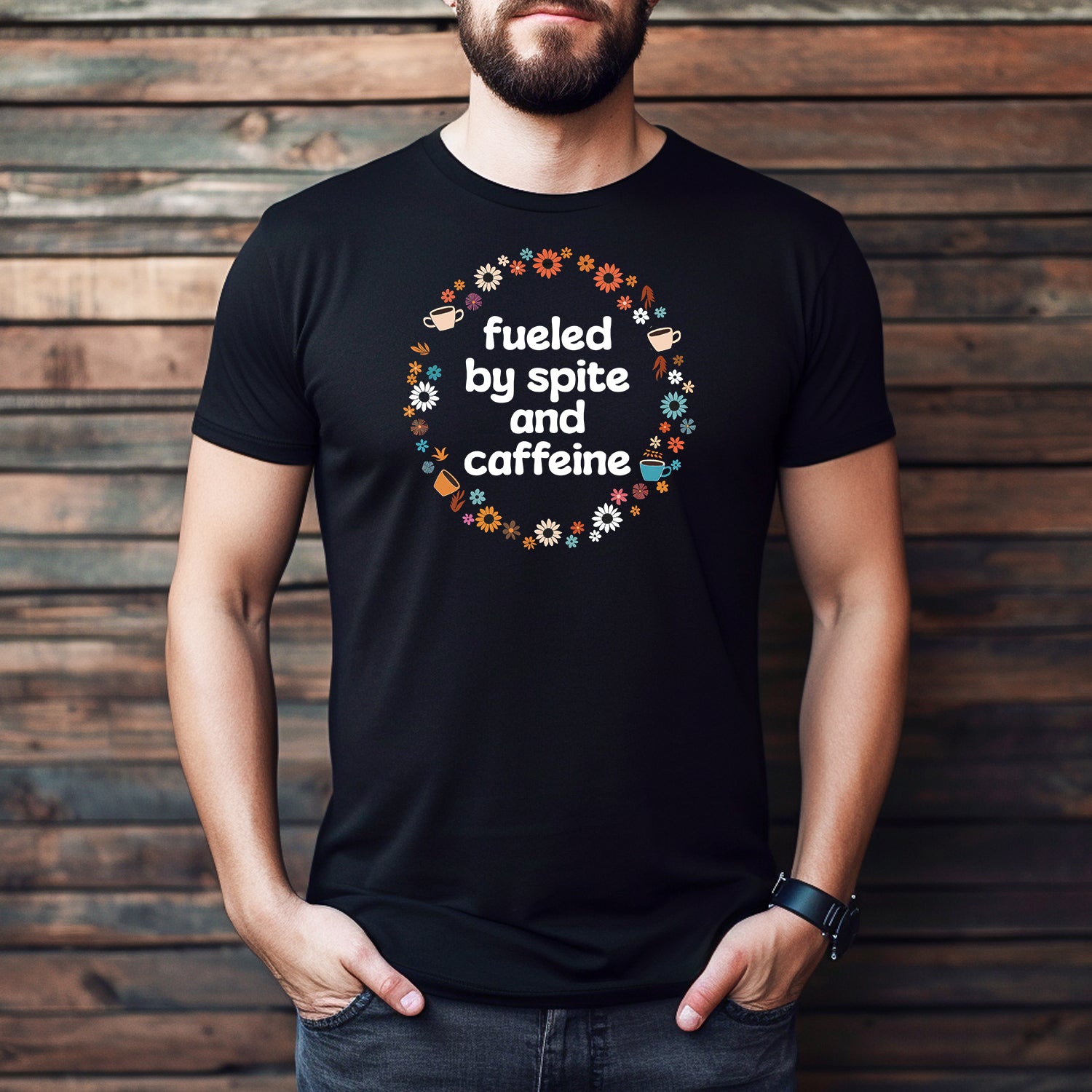 Men’s fueled by spite and caffeine t-shirt with floral coffee cup circle graphic on black
