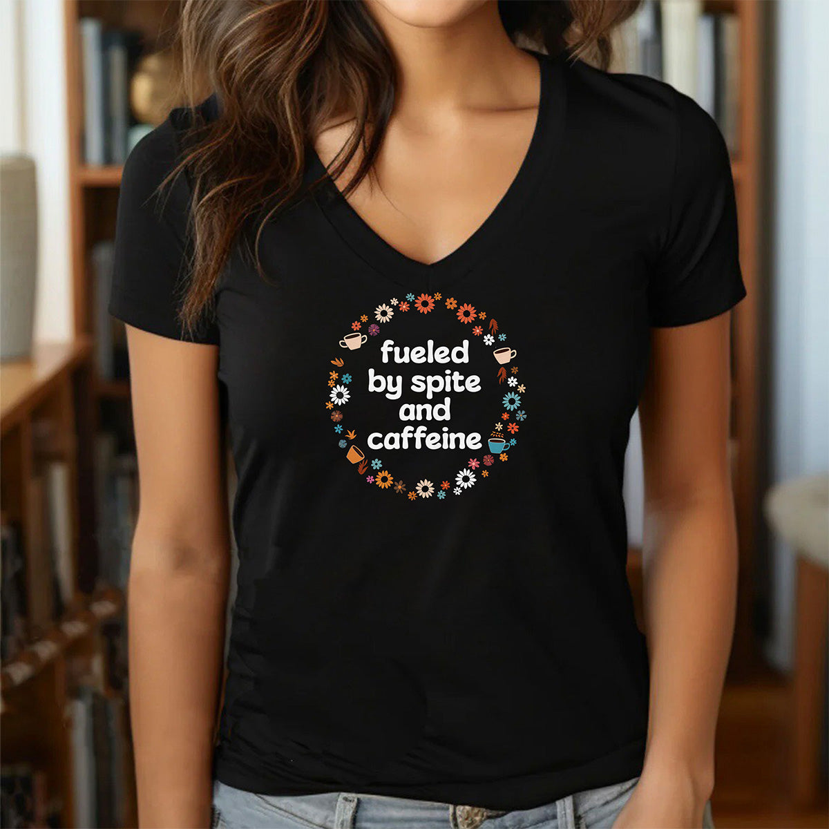 Women’s v-neck fueled by spite and caffeine t-shirt with floral coffee design on black