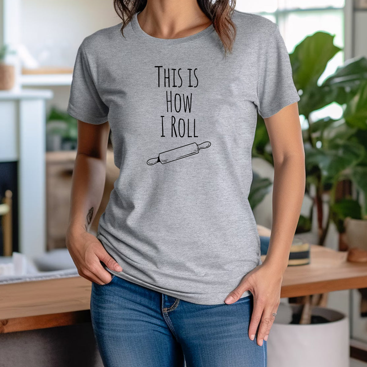 Women’s crewneck gray t-shirt with This Is How I Roll lettering and rolling pin graphic, fun casual tee for bakers
