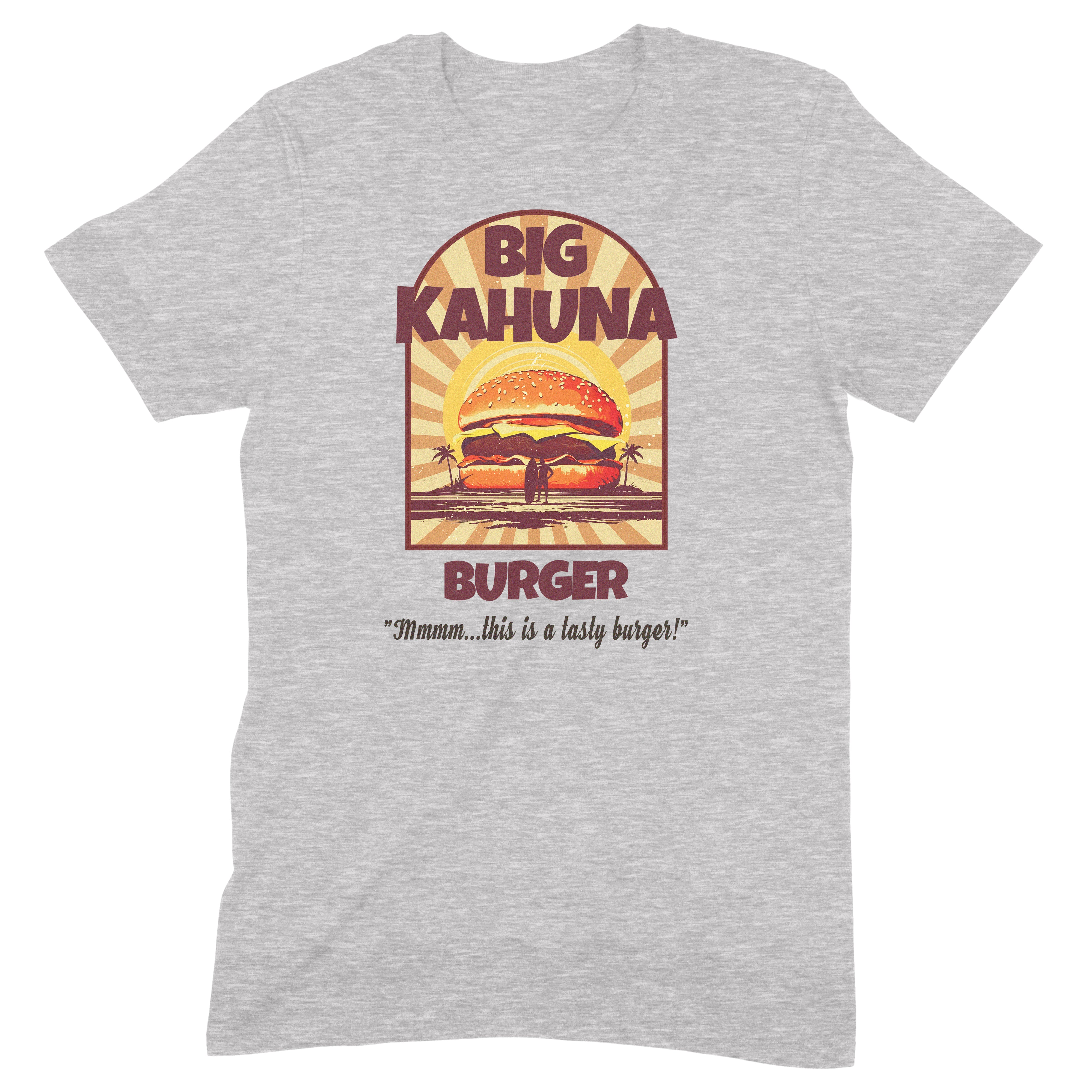 Flat lay grey t-shirt with retro Big Kahuna Burger graphic and palm tree sunset design