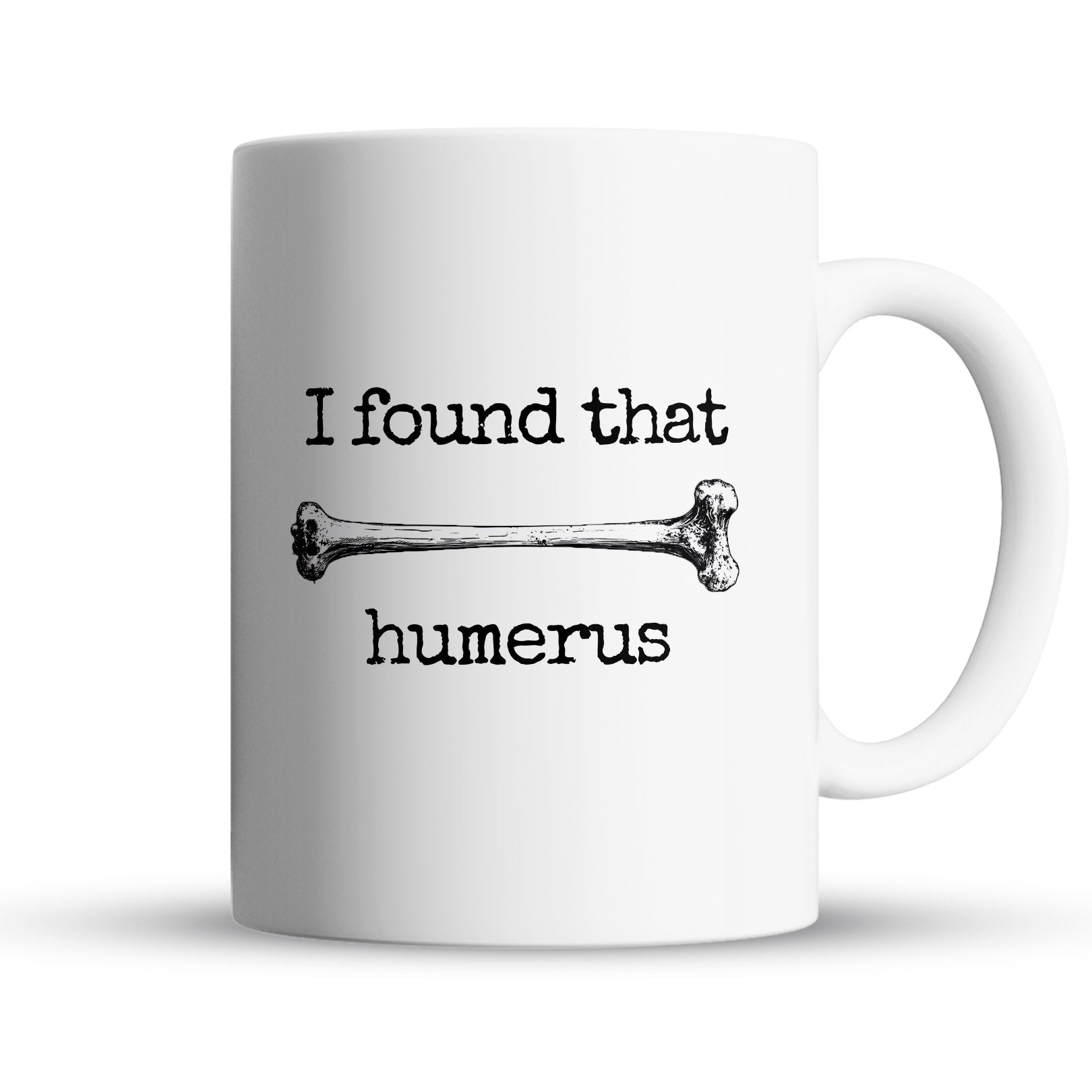 White mug with black text and bone illustration on a white background
