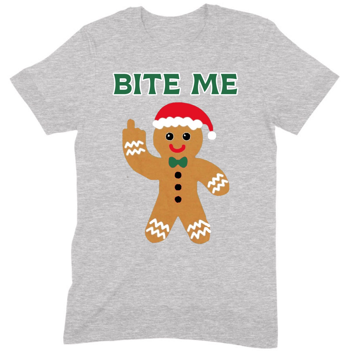 Grey Christmas t-shirt with gingerbread man wearing Santa hat and Bite Me text in green