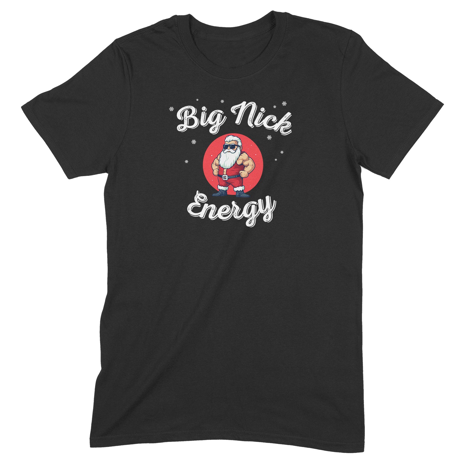 Flat design of Big Nick Energy Santa t-shirt with cartoon muscular Santa in red circle