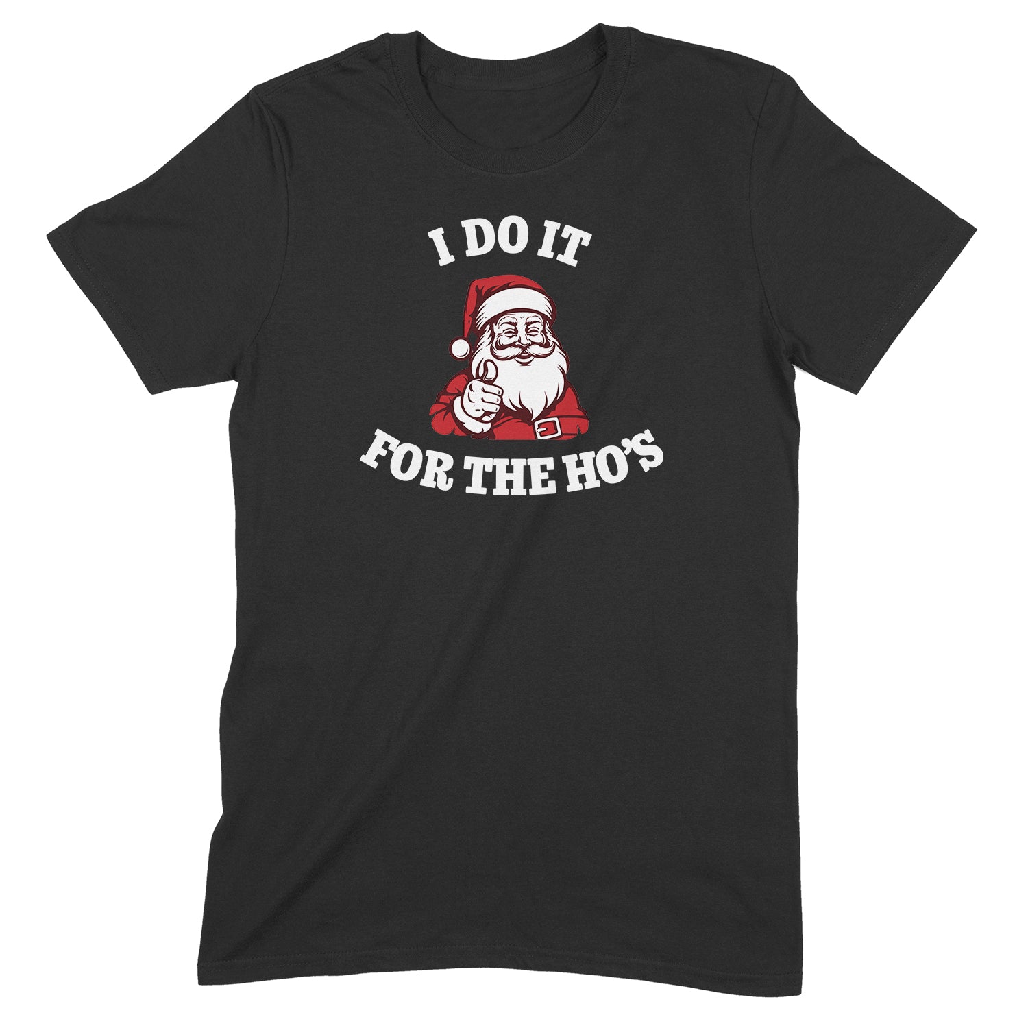 Black t-shirt with Santa Claus graphic and text on a white background