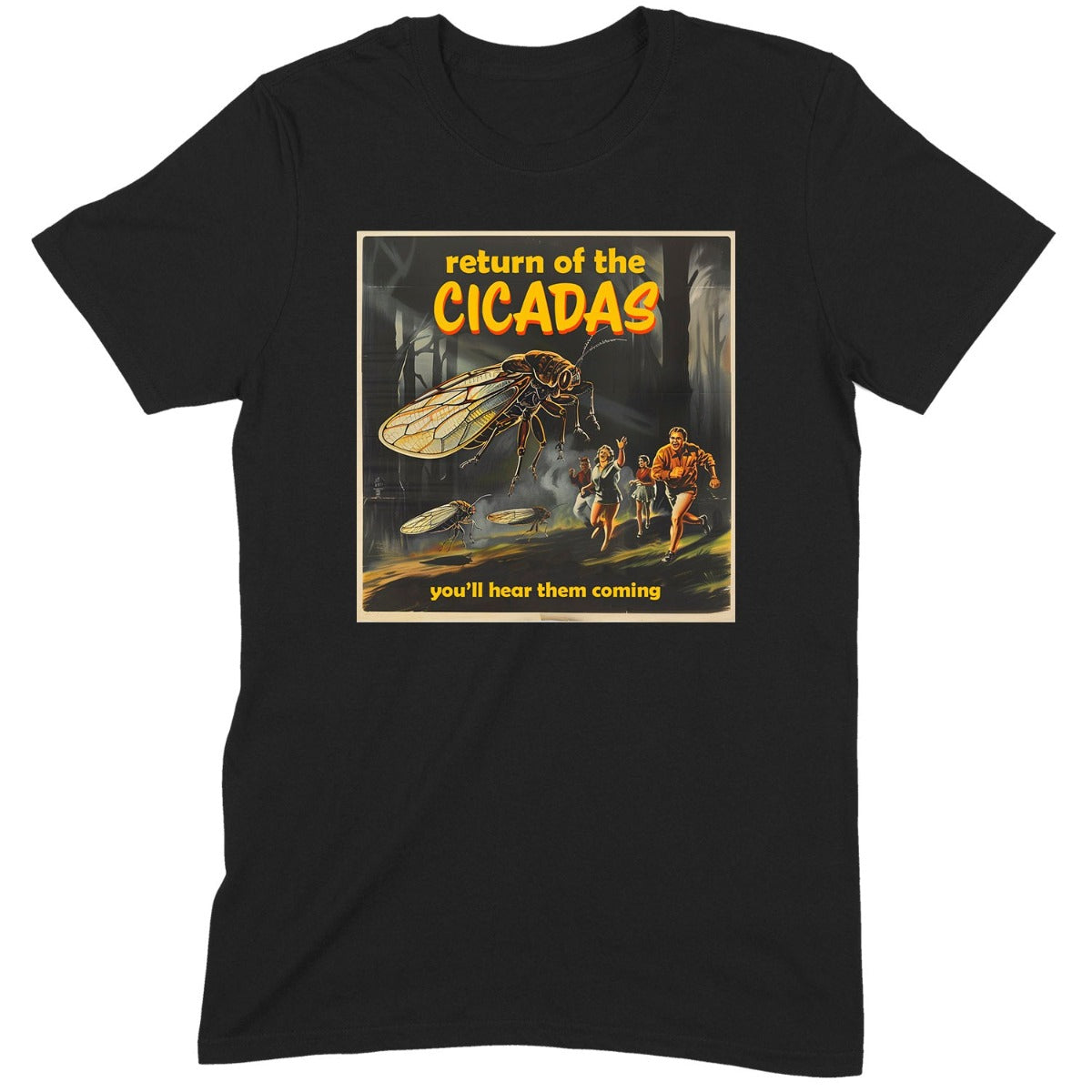 Black graphic tee with giant cicada attack design and retro horror style text “Return of the Cicadas.”