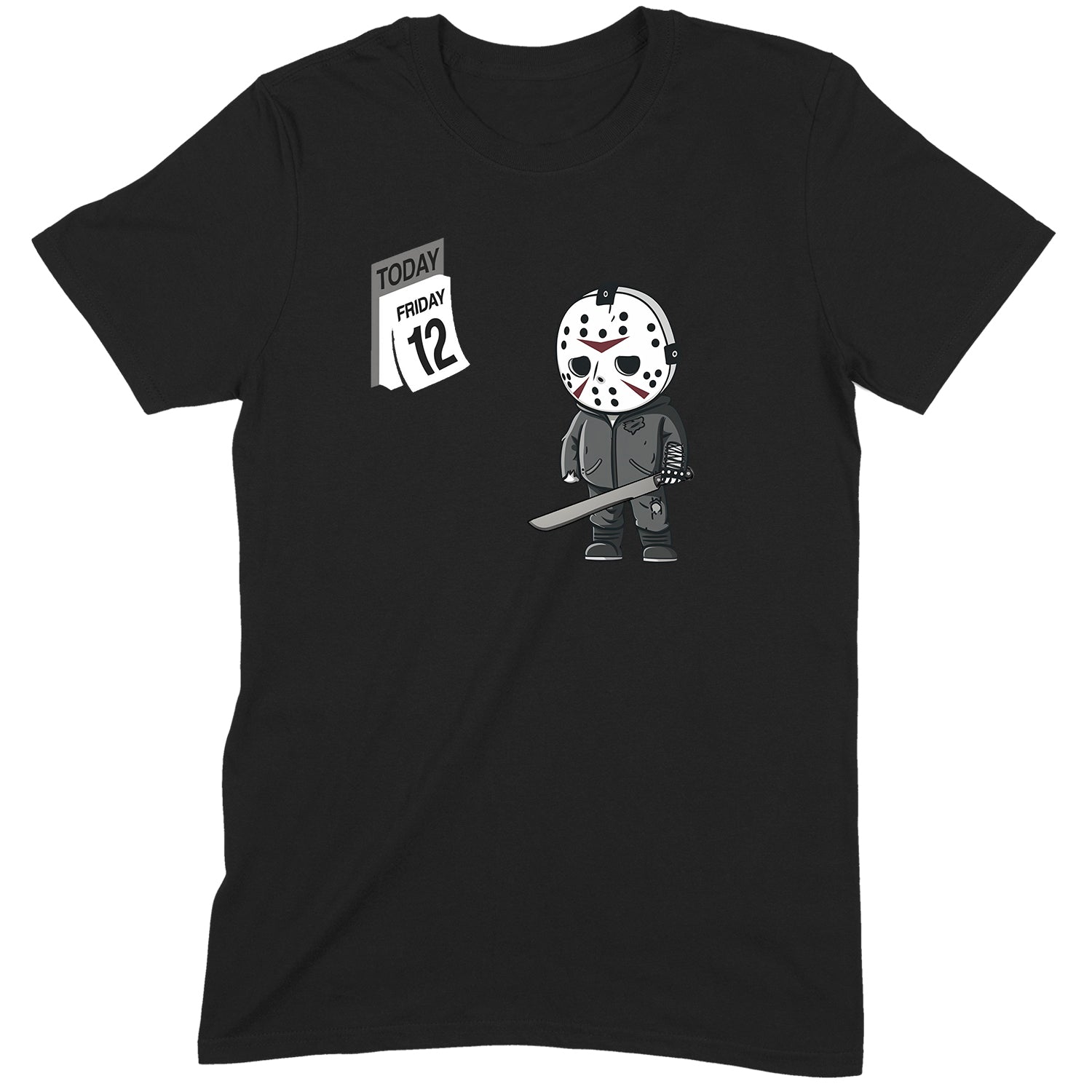Black Halloween t-shirt with cartoon Jason Voorhees and Friday the 13th calendar design