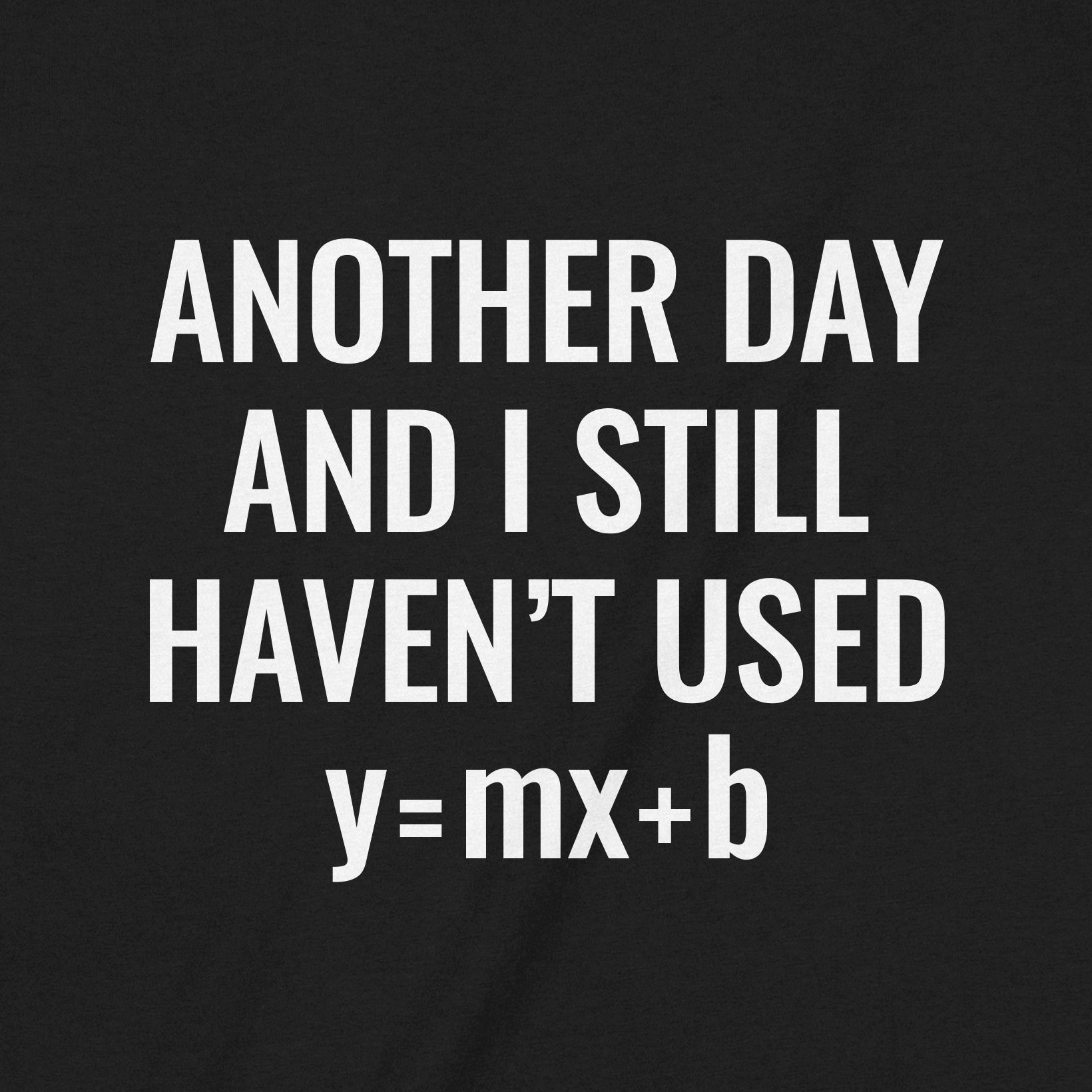 Closeup of black shirt with bold text Another Day and I Still Haven’t Used y=mx+b