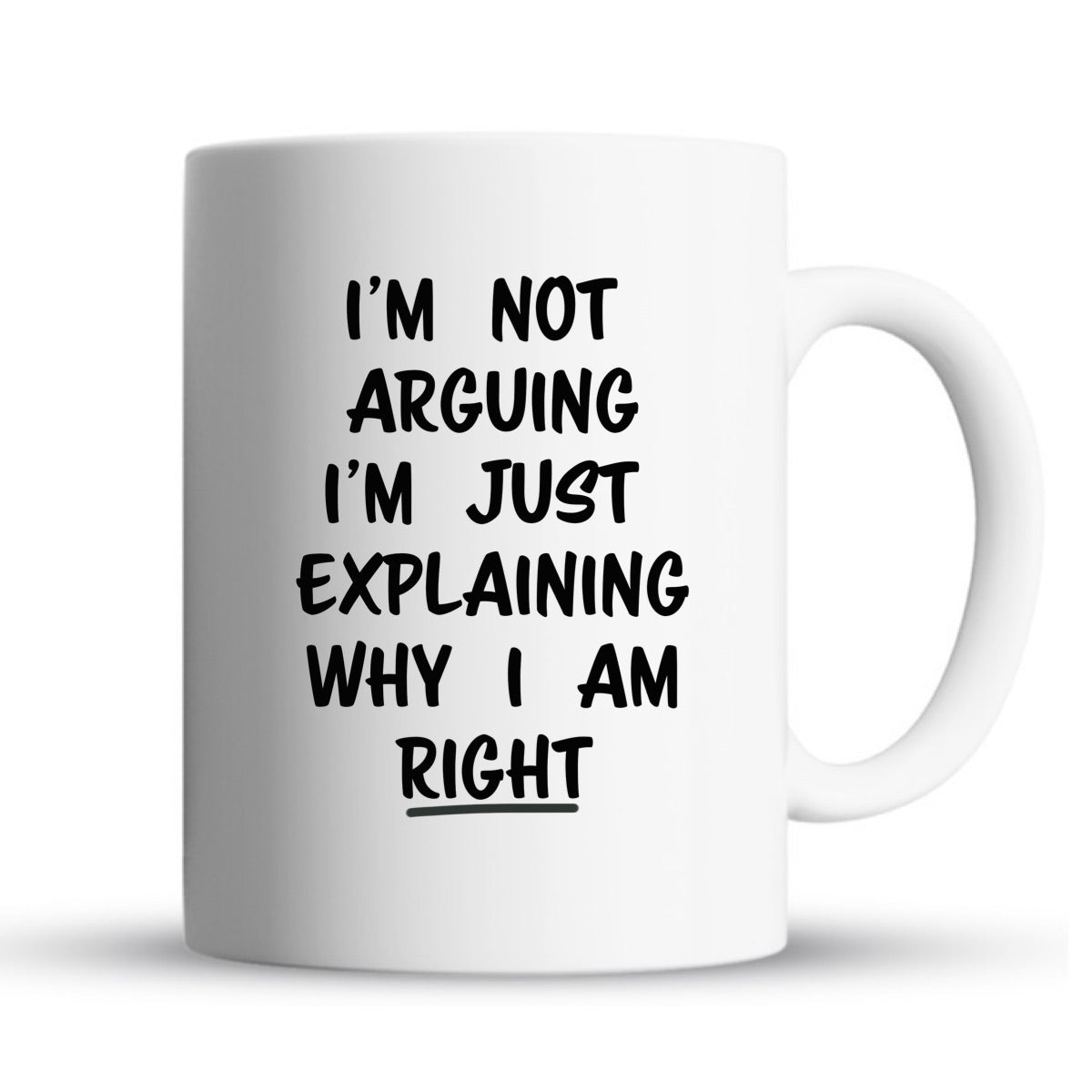 White mug with black text on a white background