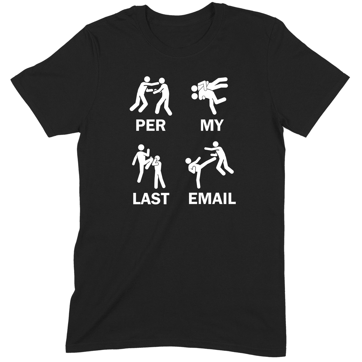 Black t-shirt with stick figure fight graphics and text per my last email