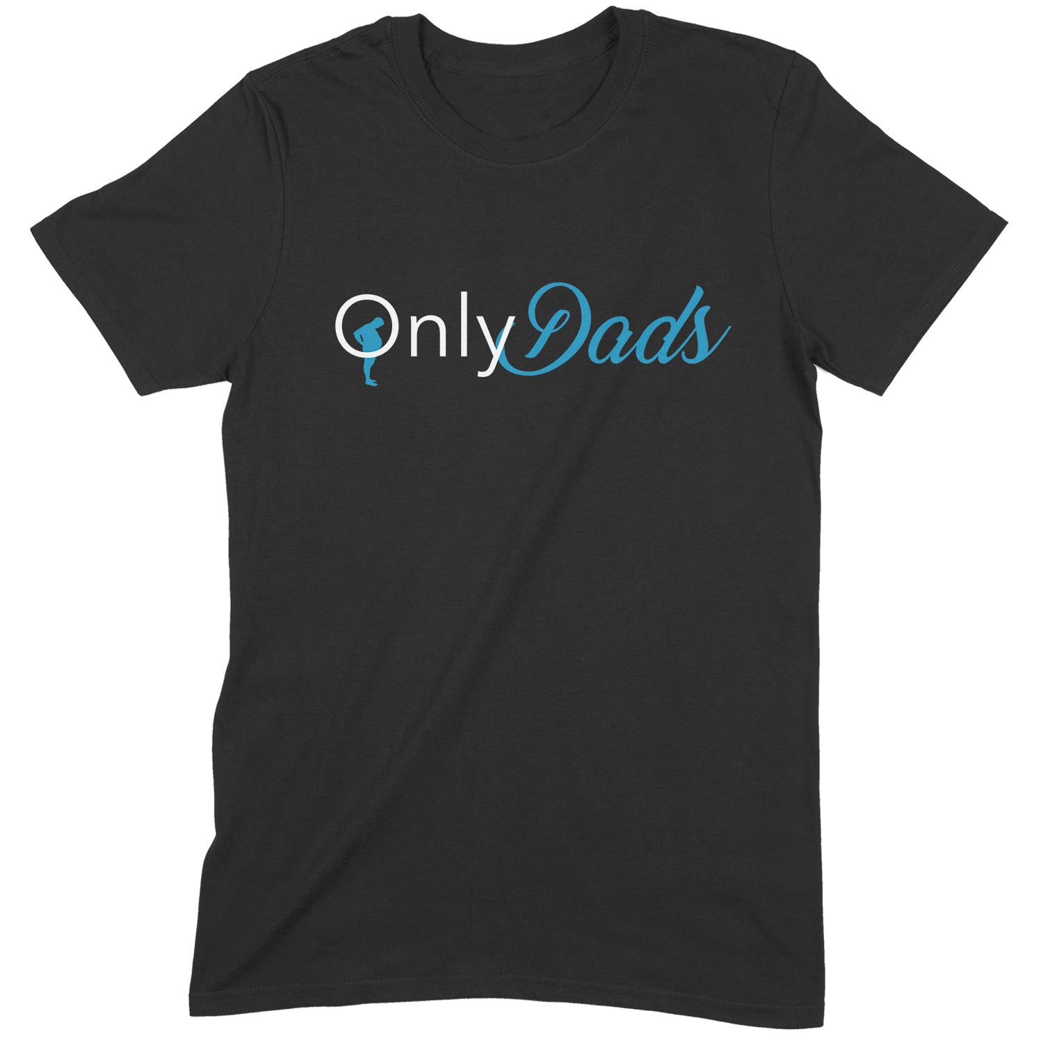 Black t-shirt with OnlyDads parody logo in blue and white on the front