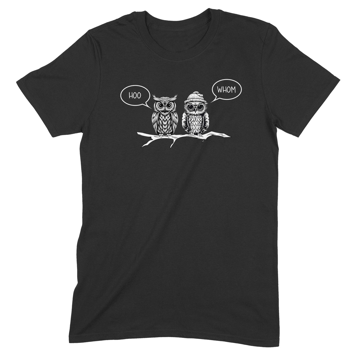 Flat lay of black t-shirt with two owls saying hoo and whom, humorous grammar design for owl lovers
