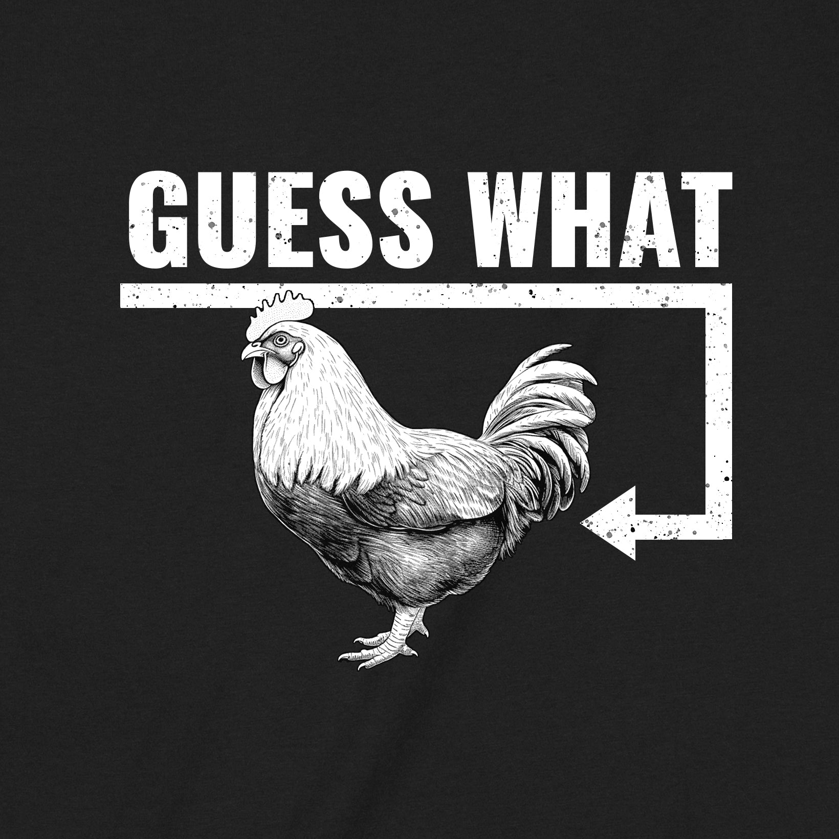 Closeup of black t-shirt with rooster and Guess What joke design for humorous gift apparel