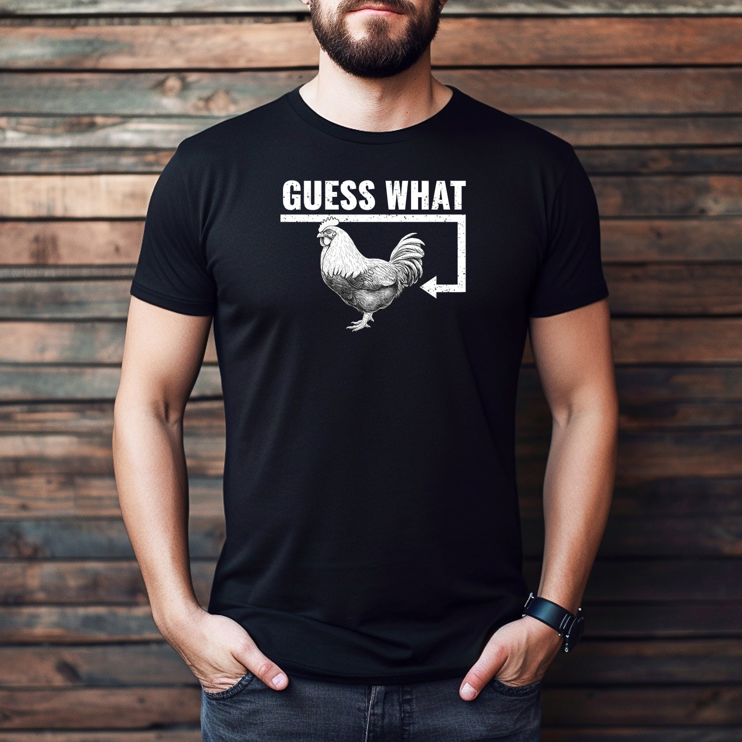 Men’s black graphic tee with rooster and Guess What text for novelty humor fashion
