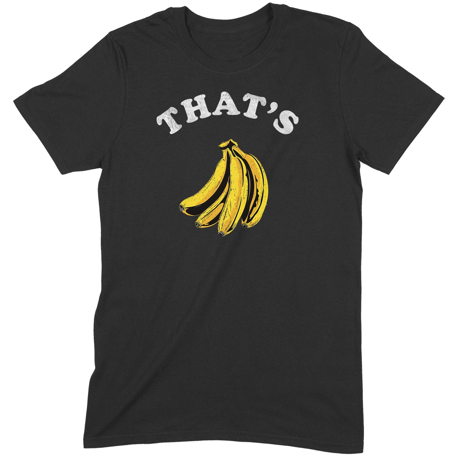Black graphic t-shirt with yellow banana illustration and the phrase "That's Bananas" in bold white text.