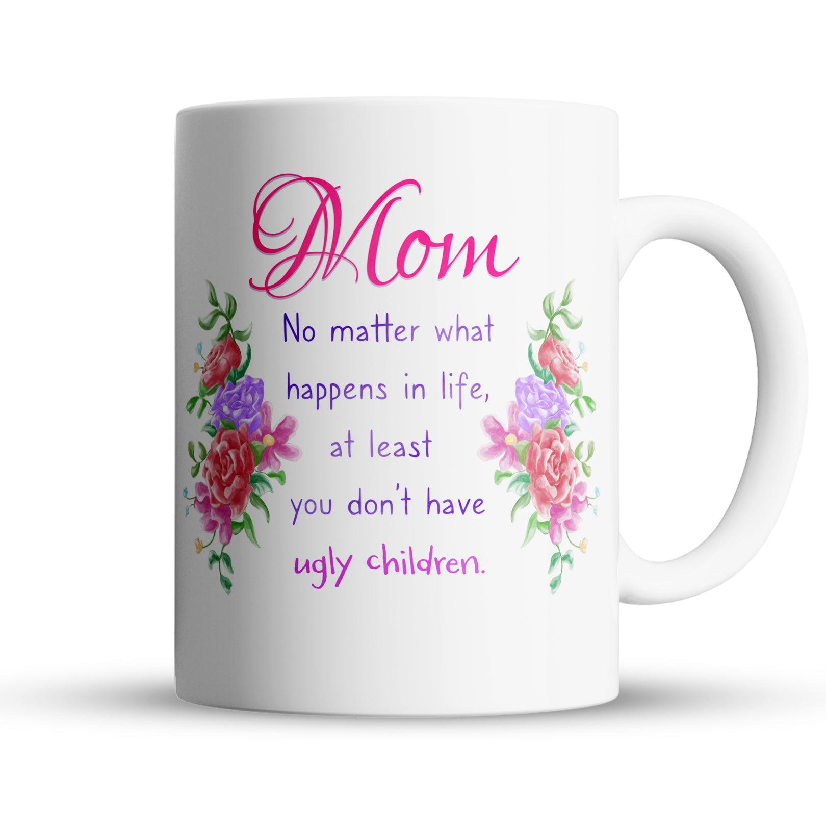 White mug with floral designs and humorous text on a white background