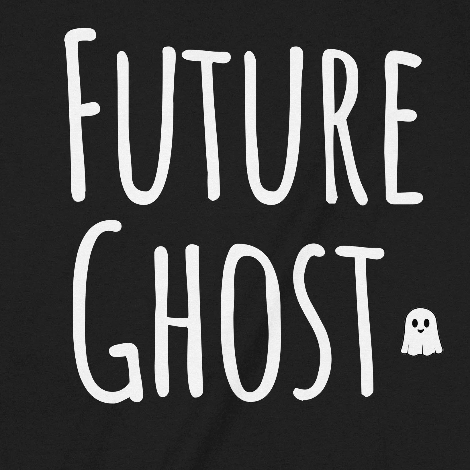 Close-up of Future Ghost text with small ghost icon printed in white on black fabric