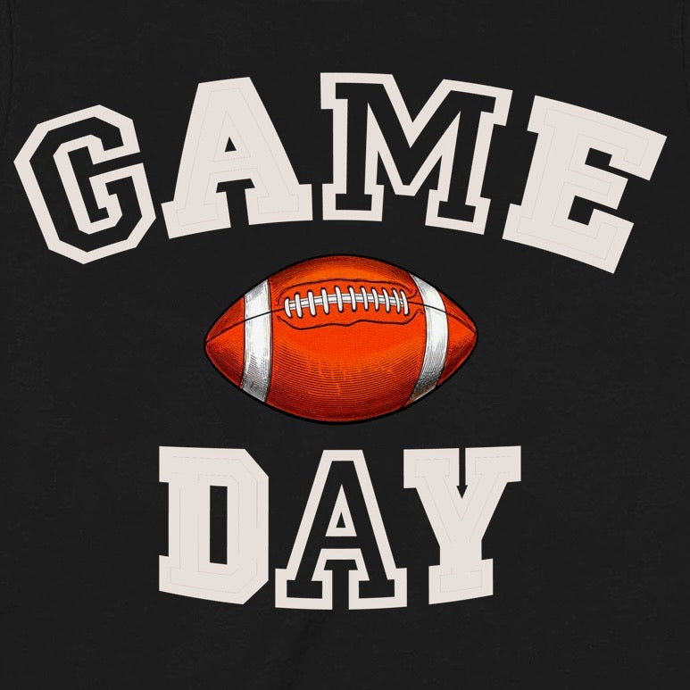 Closeup of Game Day text and football graphic on black shirt