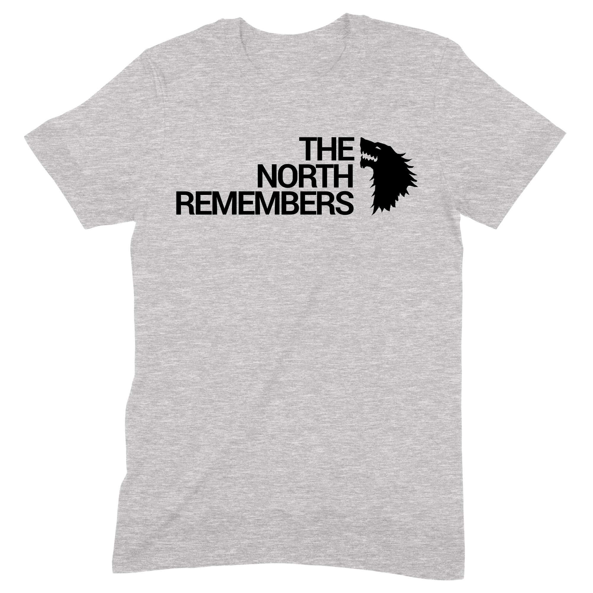 Grey t-shirt with 'The North Remembers' text and direwolf silhouette graphic inspired by Game of Thrones