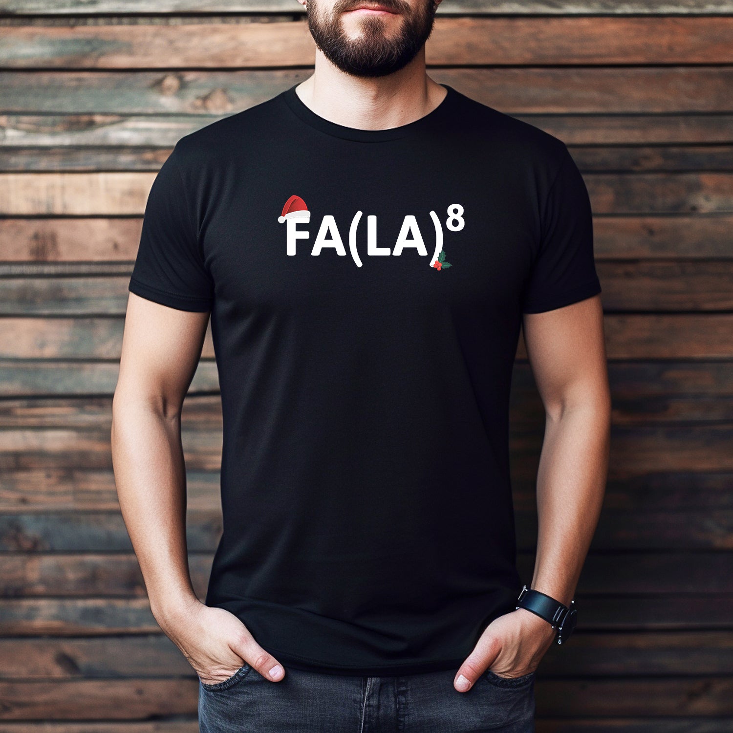 Man wearing FA(LA)⁸ Christmas shirt with Santa hat and holly accents