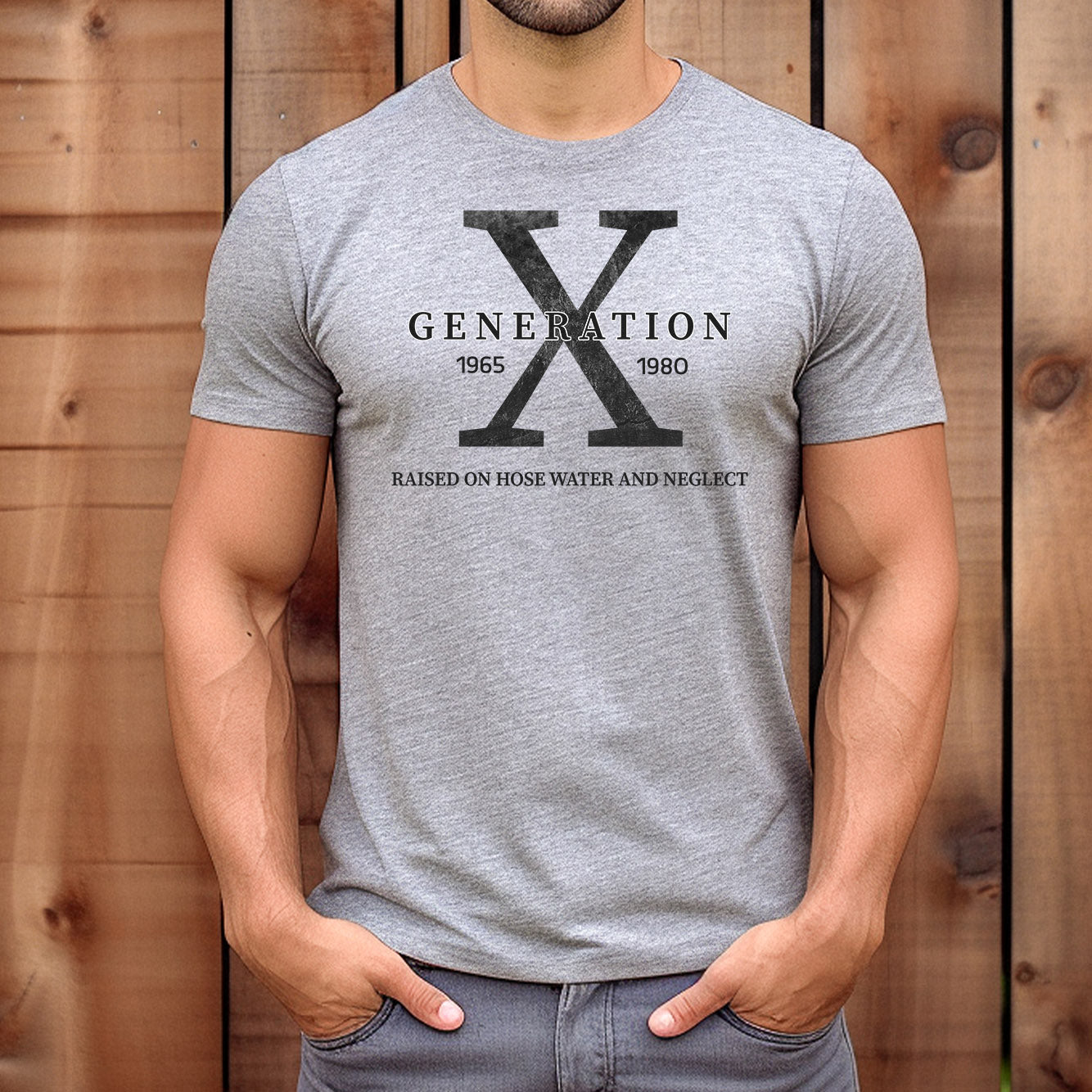 Man wearing grey Generation X t-shirt with vintage-style X design and nostalgic slogan "Raised on hose water and neglect".