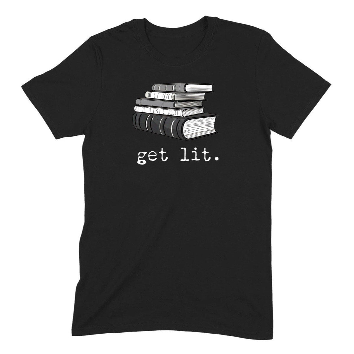 Black unisex t-shirt with stacked books graphic and text get lit, funny literature pun shirt, flat lay