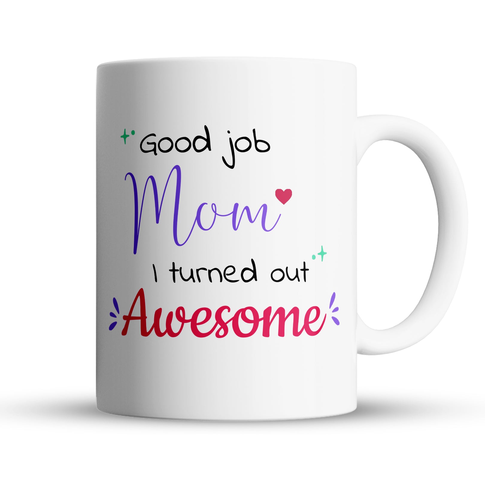 White mug with colorful text Good job Mom I turned out Awesome on a white background