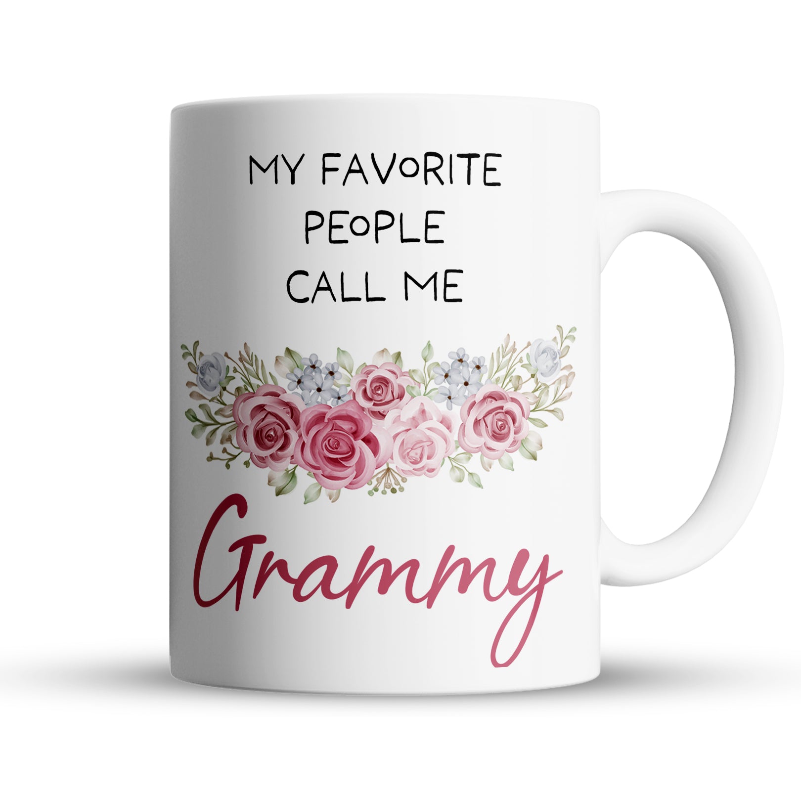 White ceramic mug with text My favorite people call me Grammy and floral design.
