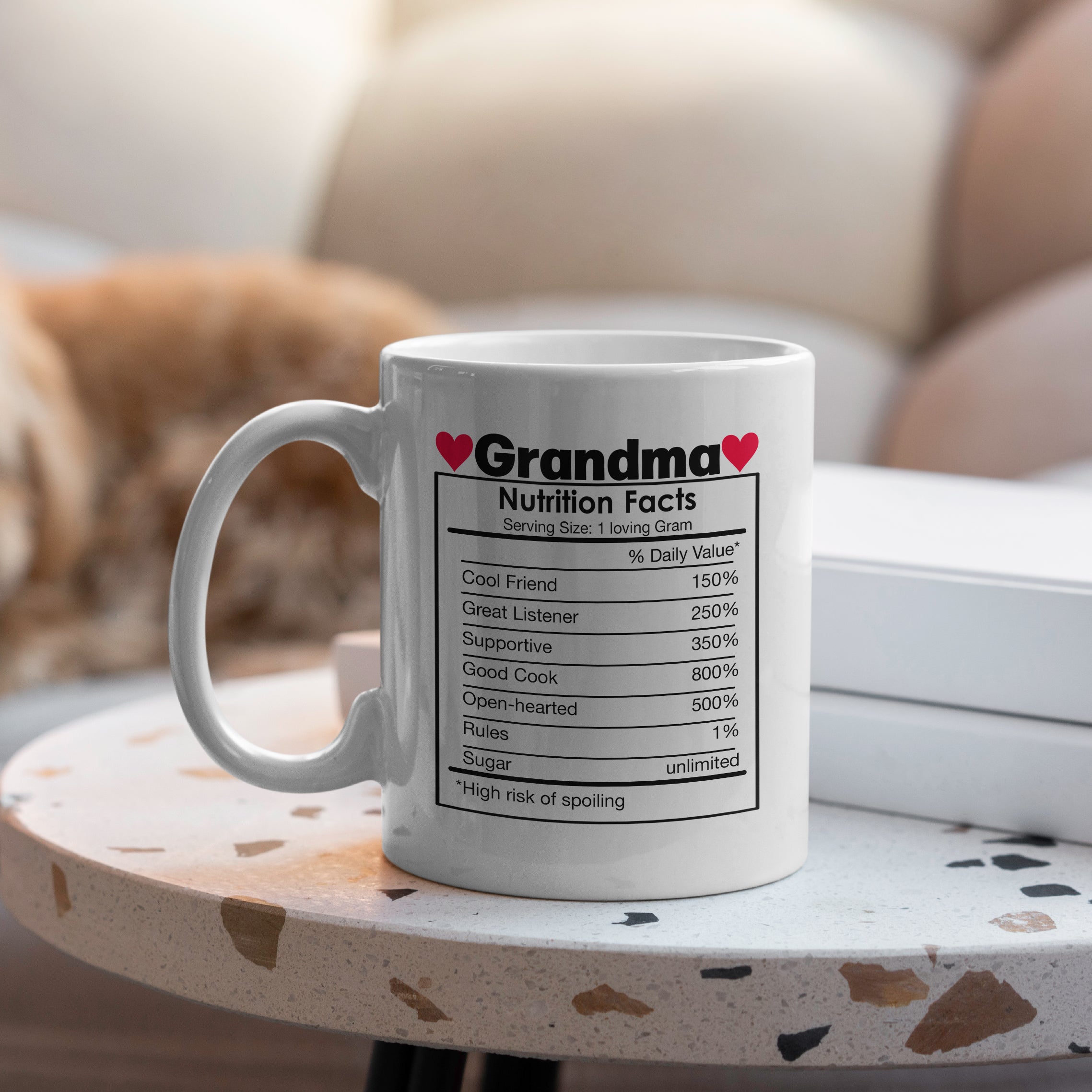 Grandma nutrition facts design on white mug on table with hearts and label style layout 15oz
