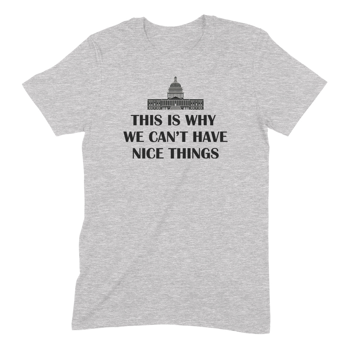Heather grey unisex graphic t-shirt with U.S. Capitol design and text “This is why we can’t have nice things.”