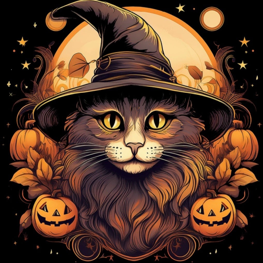 Closeup black Halloween t-shirt with witch cat design, jack-o-lantern pumpkins and glowing full moon