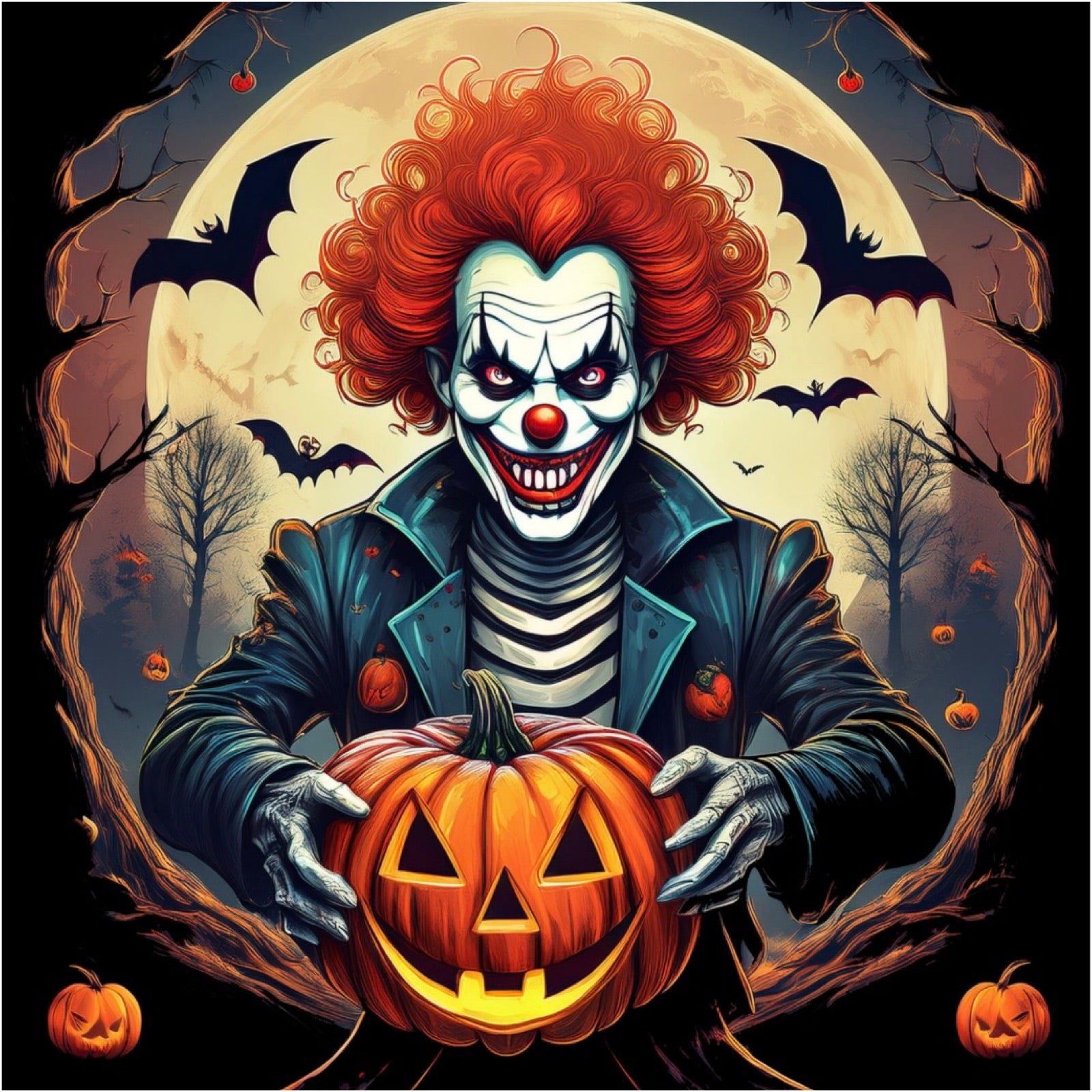 Unisex Halloween t-shirt with creepy clown artwork holding a carved pumpkin under a haunted moonlit sky