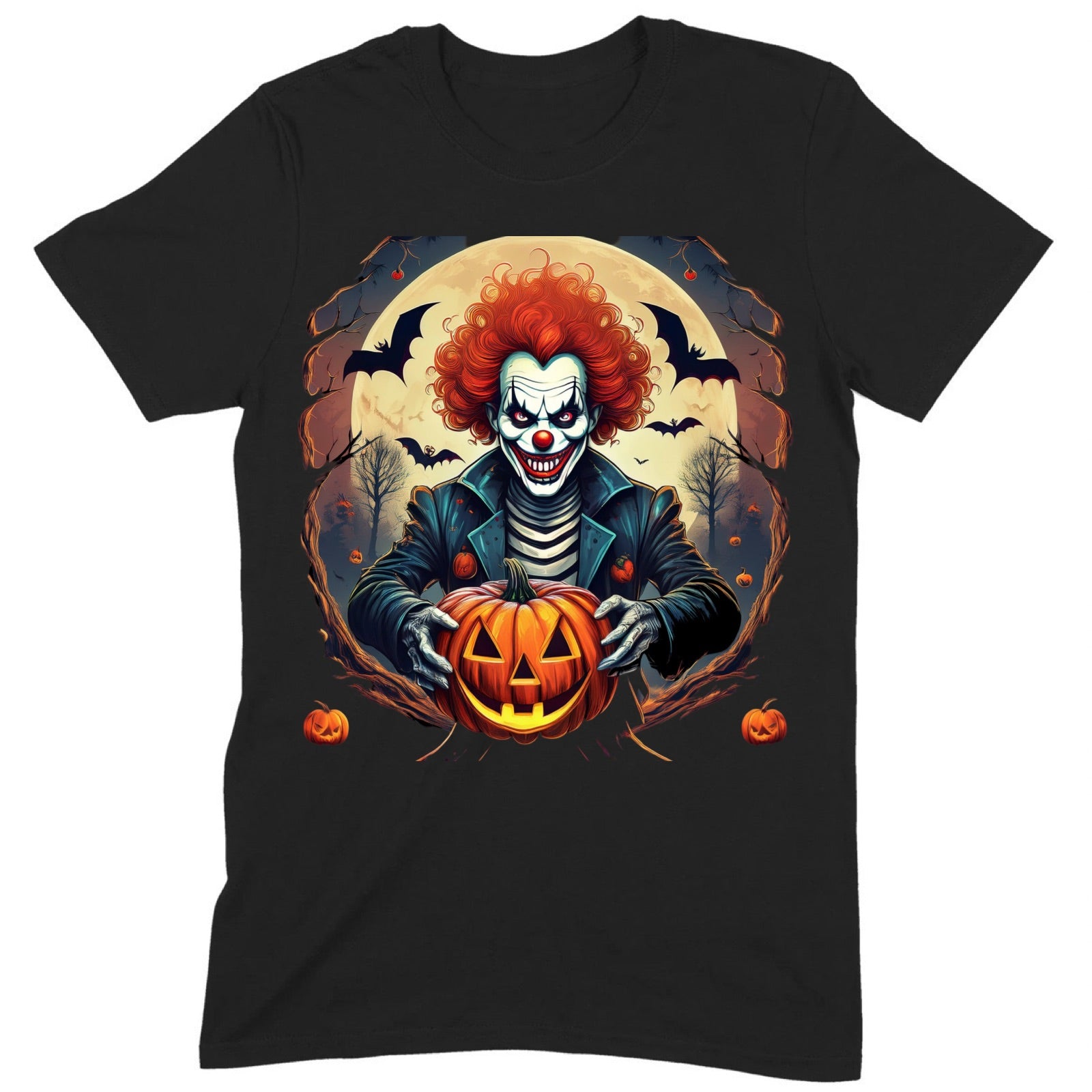 Creepy Halloween clown with red hair holding a carved pumpkin jack-o’-lantern under a full moon with bats in the background.