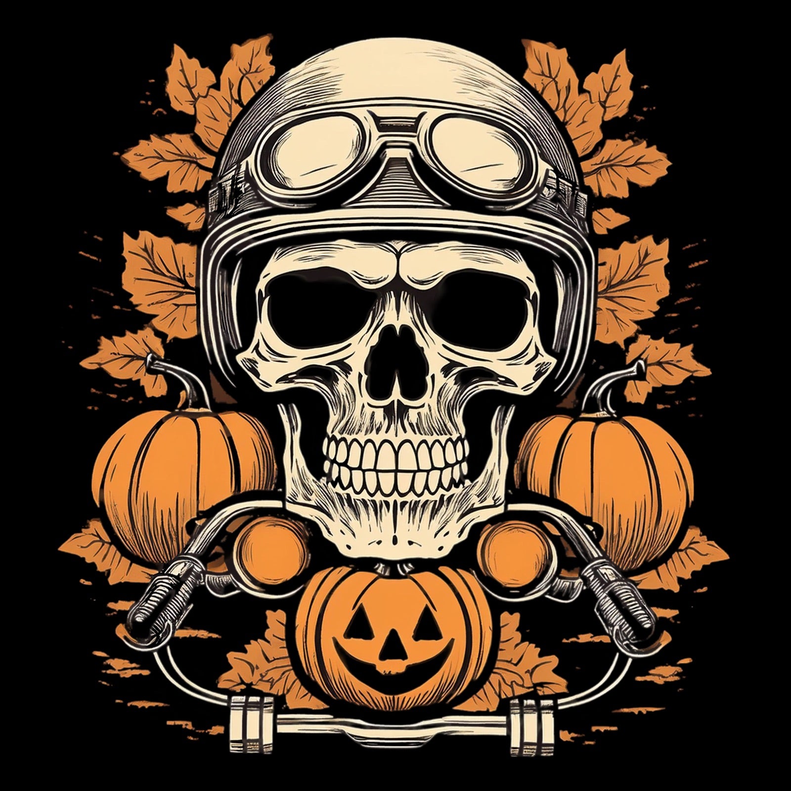 Vintage skull wearing a motorcycle helmet and goggles with pumpkins and autumn leaves, spooky Halloween biker t-shirt design.
